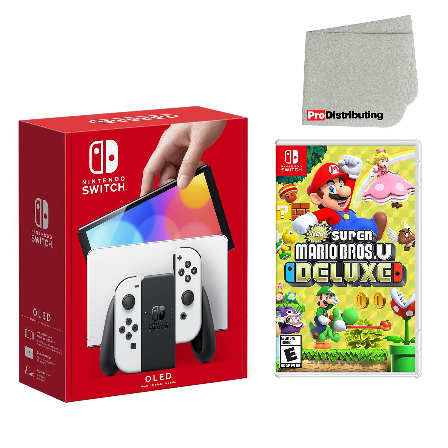 Nintendo Switch OLED Console White with New Super Mario Bros. U Deluxe and Screen Cleaning Cloth - Pro-Distributing