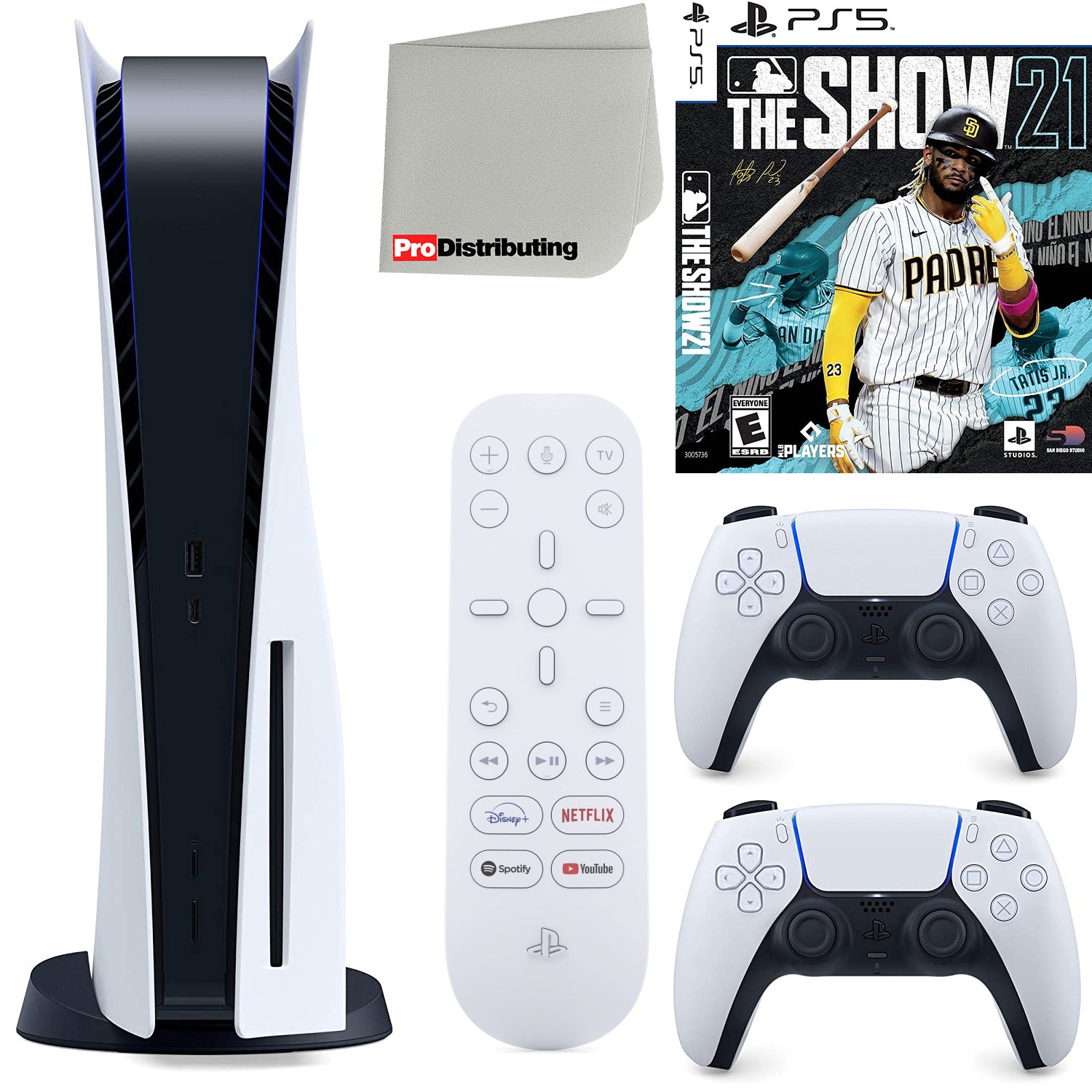 Sony Playstation 5 Disc Version (Sony PS5 Disc) with White Extra Controller, Media Remote, MLB The Show 21, Accessory Starter Kit and Microfiber Cleaning Cloth Bundle - Pro-Distributing