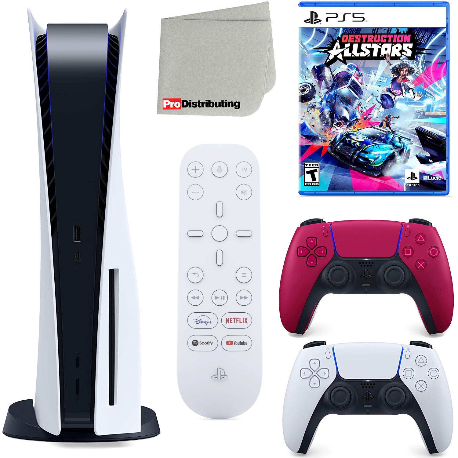 Sony Playstation 5 Disc Version (Sony PS5 Disc) with Cosmic Red Extra Controller, Media Remote, Destruction Allstars, Accessory Starter Kit and Microfiber Cleaning Cloth Bundle - Pro-Distributing