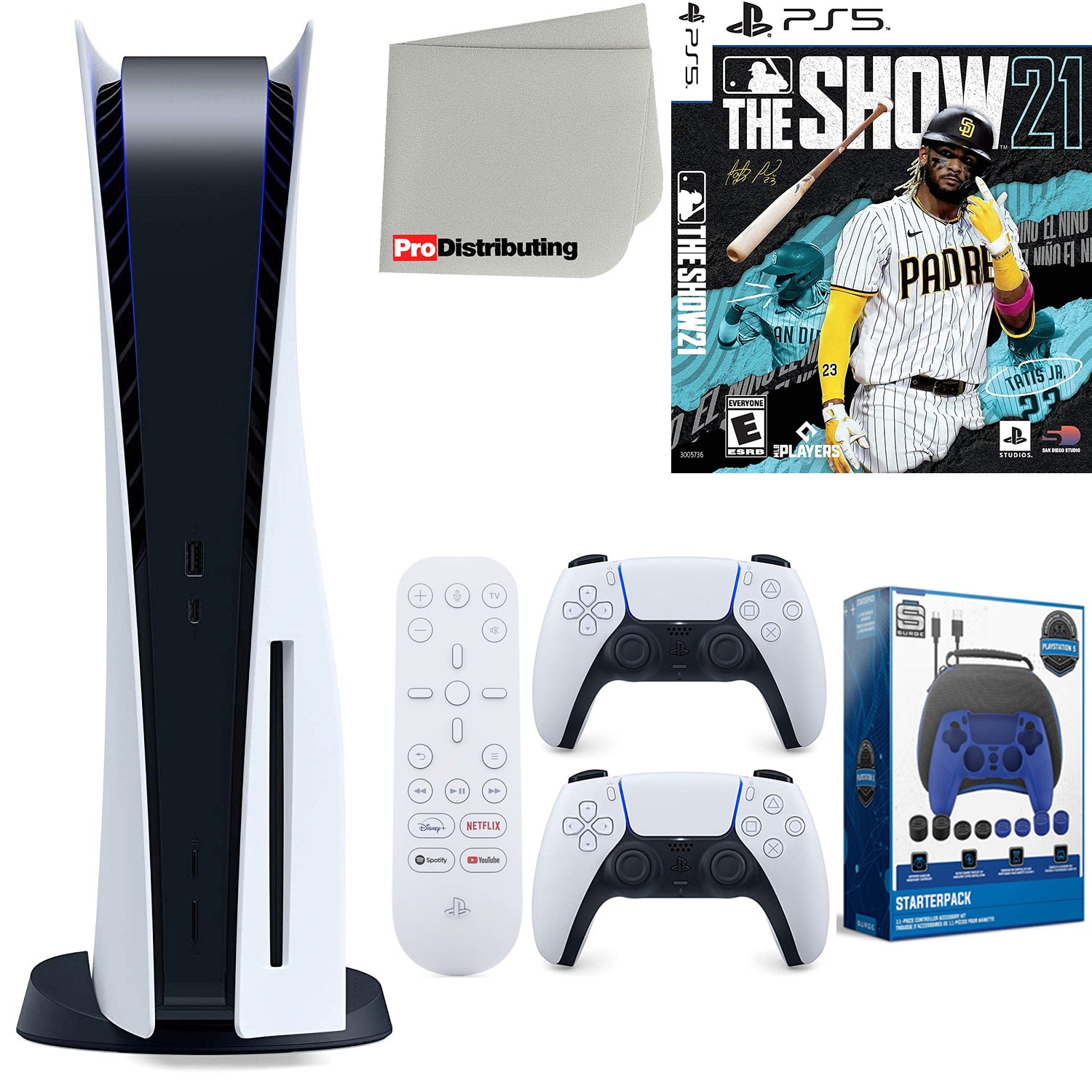 Sony Playstation 5 Disc Version (Sony PS5 Disc) with White Extra Controller, Media Remote, MLB The Show 21, Accessory Starter Kit and Microfiber Cleaning Cloth Bundle - Pro-Distributing