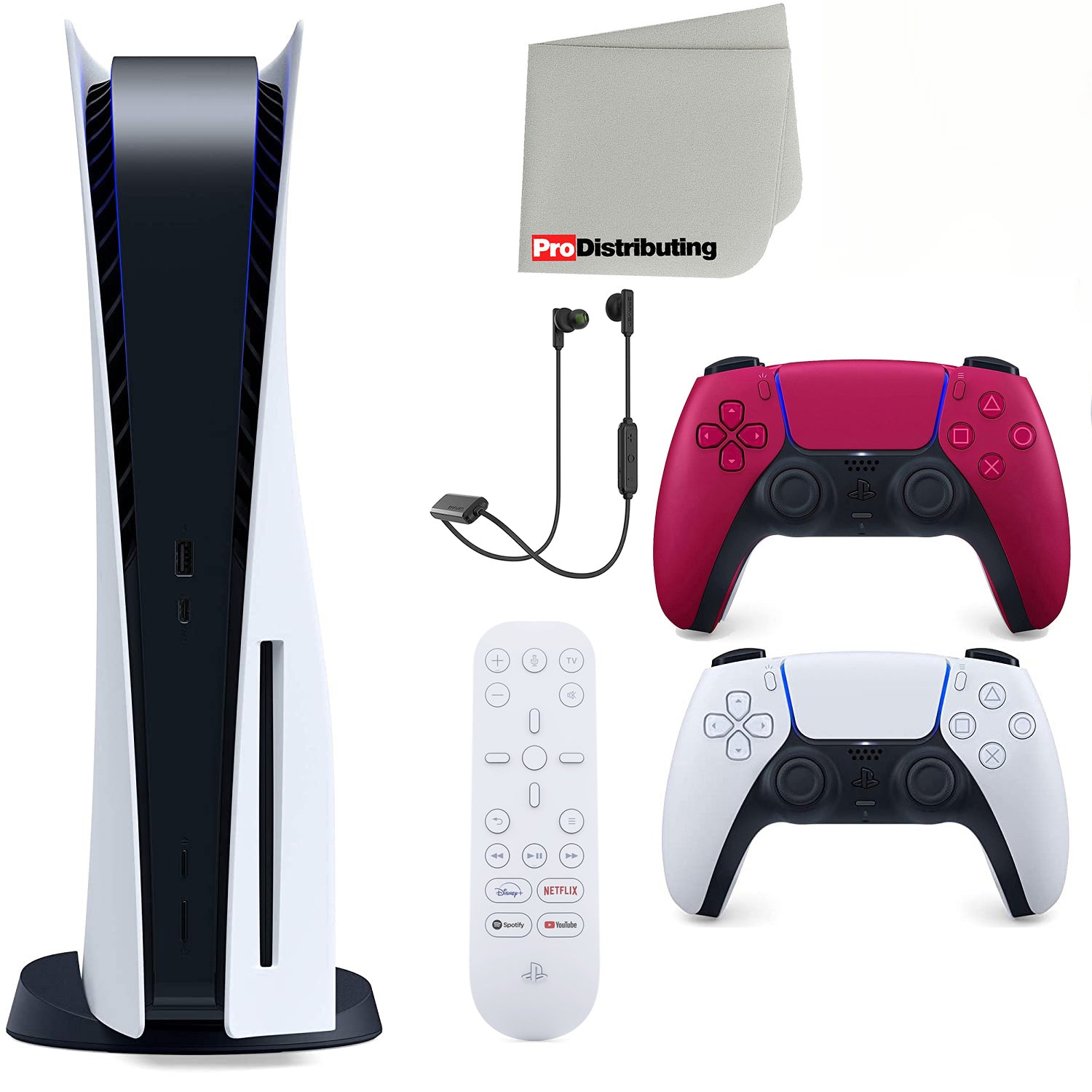 Sony Playstation 5 Disc Version (Sony PS5 Disc) with Cosmic Red Extra Controller, Earbuds, Media Remote and Microfiber Cleaning Cloth Bundle - Pro-Distributing