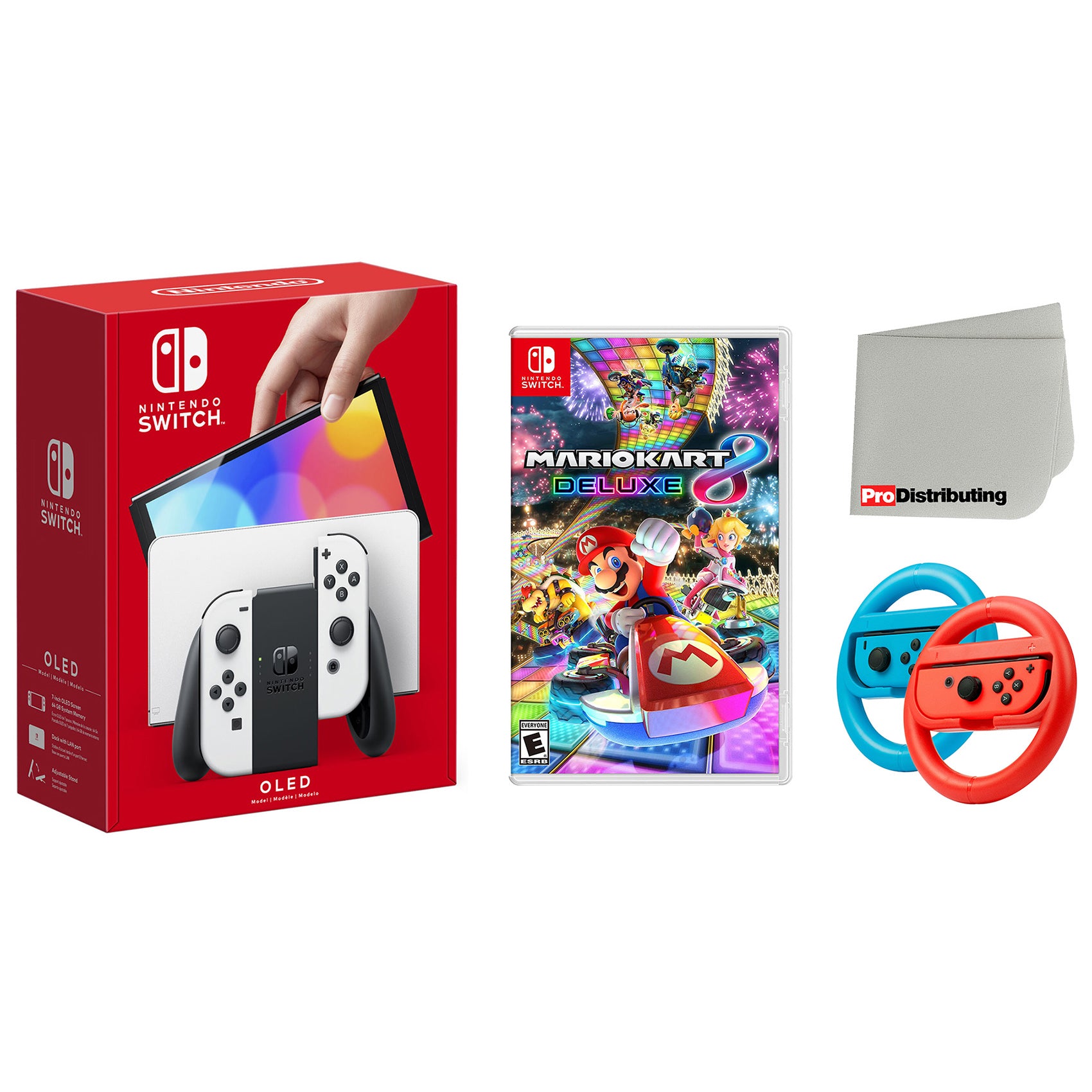 Nintendo Switch OLED White Console with Mario Kart 8, Steering Wheel Set and Screen Cleaning Cloth Bundle - Pro-Distributing