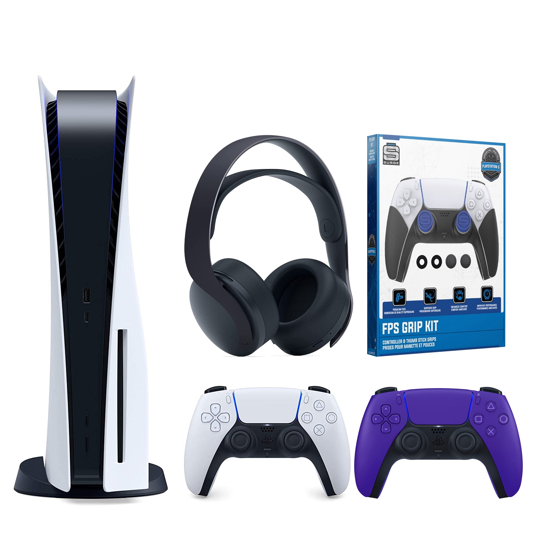 Sony Playstation 5 Disc Version (Sony PS5 Disc) with Extra Galactic Purple Controller, Black Pulse 3D Headset and Control Grip Pack Bundle - Pro-Distributing