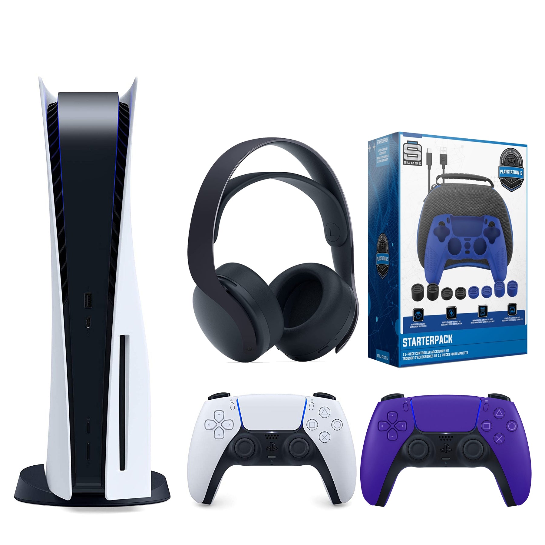 Sony Playstation 5 Disc Version (Sony PS5 Disc) with Extra Galactic Purple Controller, Black PULSE 3D Headset and Gamer Starter Pack Bundle - Pro-Distributing