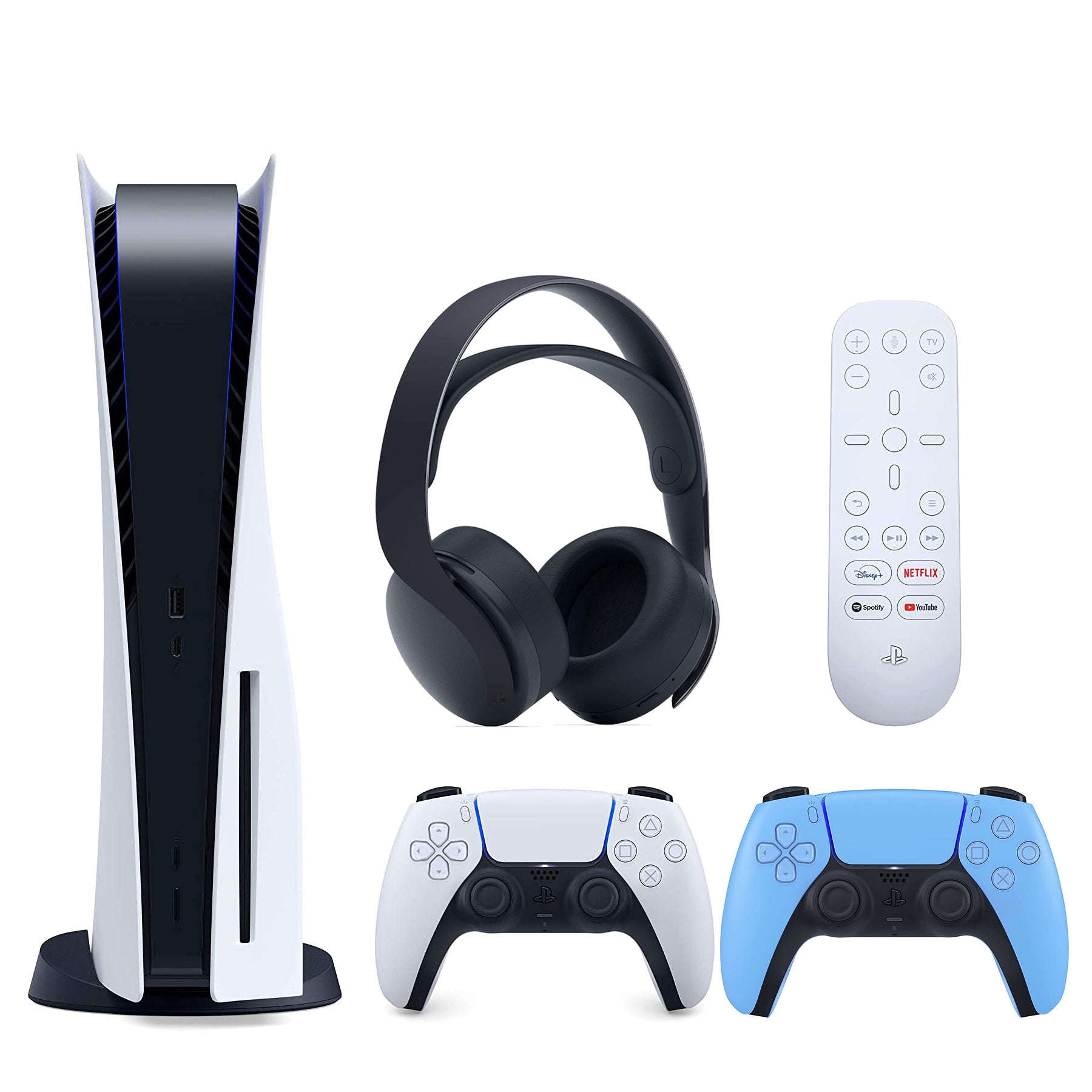 Sony Playstation 5 Disc Version (Sony PS5 Disc) with Extra Starlight Blue Controller, Black PULSE 3D Headset and Dual Charging Station Bundle - Pro-Distributing