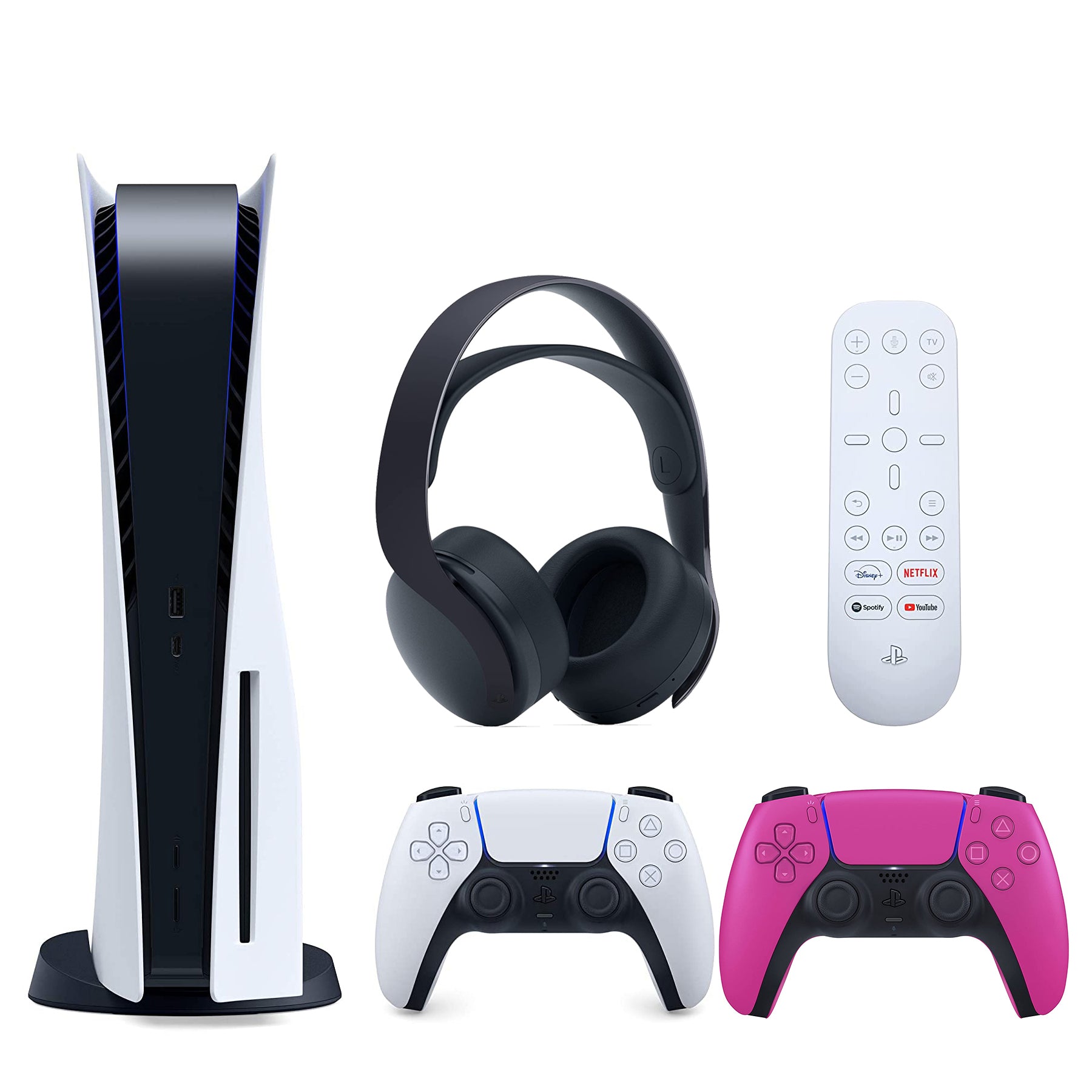 Sony Playstation 5 Disc Version (Sony PS5 Disc) with Extra Nova Pink Controller, Black PULSE 3D Headset and Dual Charging Station Bundle with Cleaning Cloth - Pro-Distributing