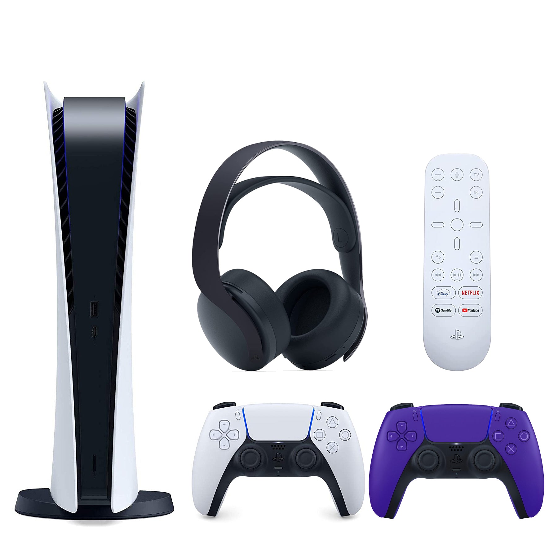 Sony Playstation 5 Digital Version (Sony PS5 Digital) with Extra Galactic Purple Controller, Black PULSE 3D Headset and Media Remote Bundle - Pro-Distributing