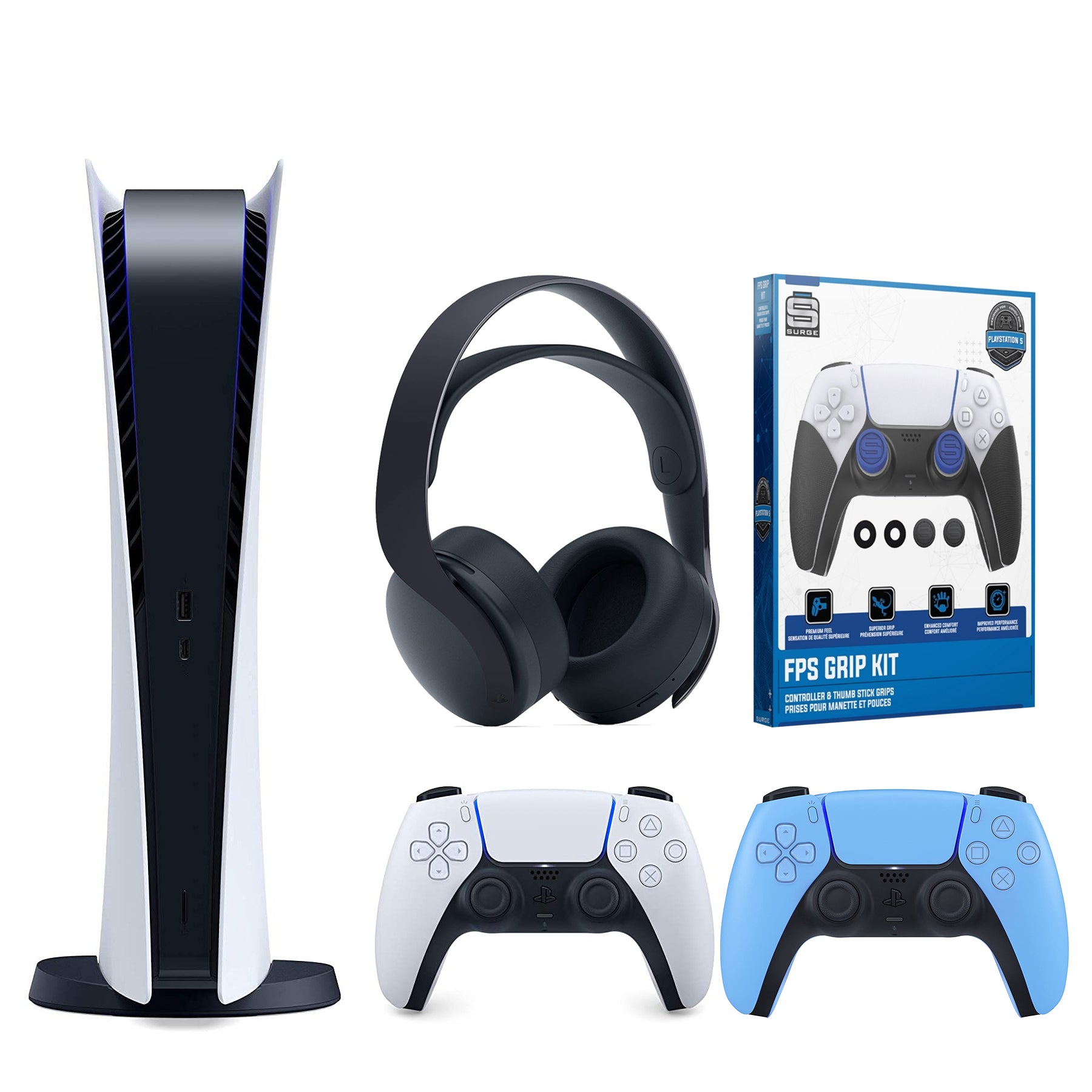 Sony Playstation 5 Digital Version (Sony PS5 Digital) with Extra Starlight Blue Controller, Black Pulse 3D Headset and Control Grip Pack Bundle - Pro-Distributing