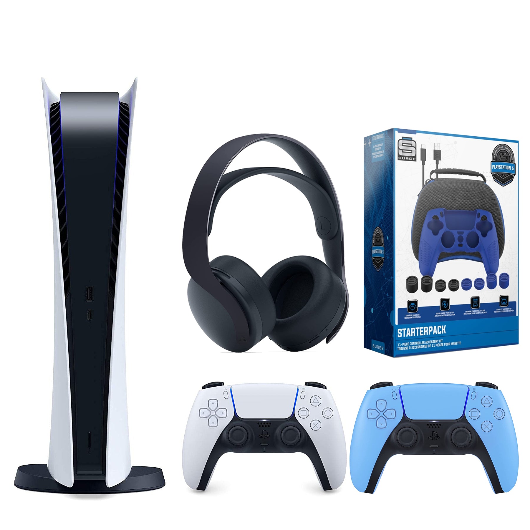 Sony Playstation 5 Digital Version (Sony PS5 Digital) with Extra Starlight Blue Controller, Black Pulse 3D Headset and Gamer Starter Pack Bundle - Pro-Distributing