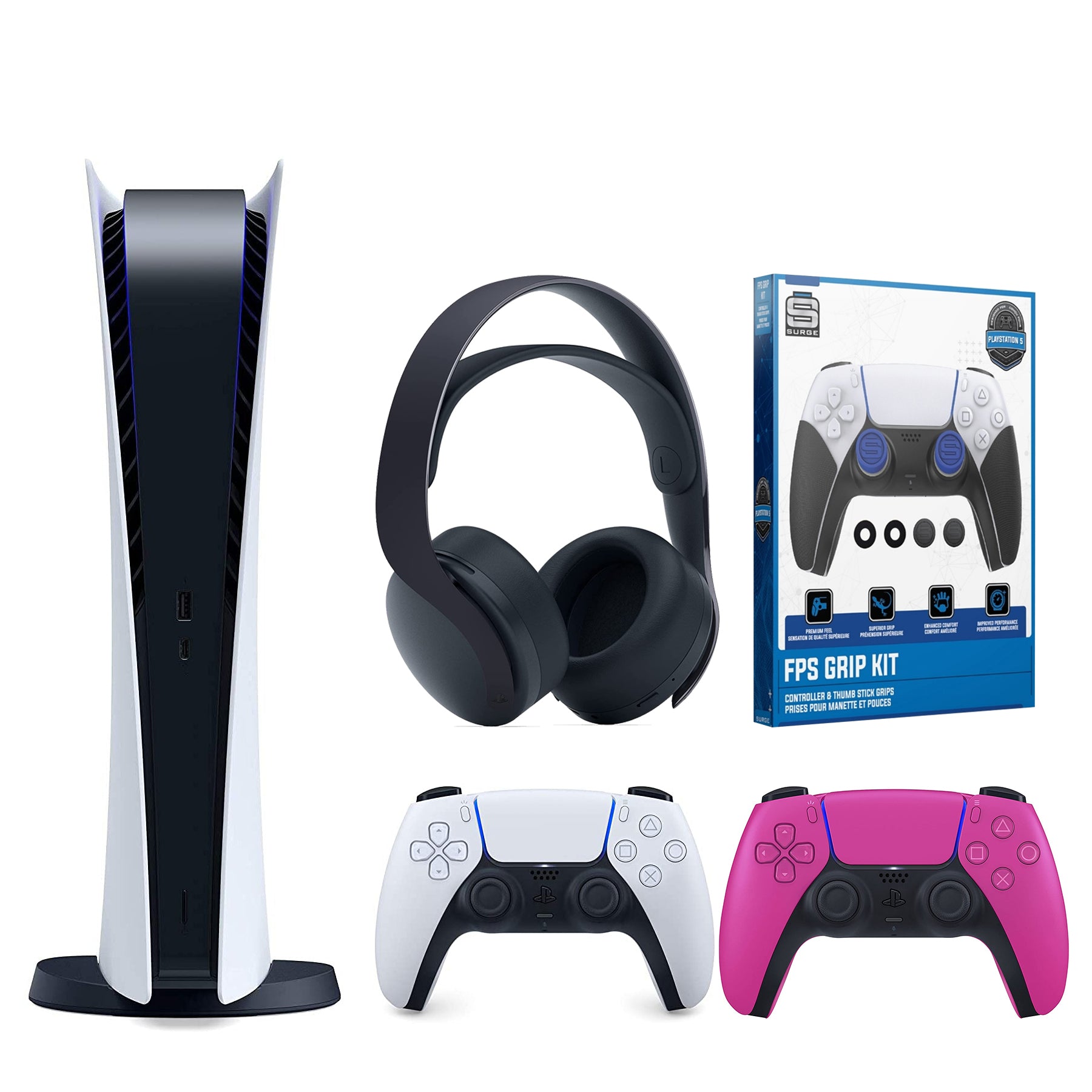Sony Playstation 5 Digital Version (Sony PS5 Digital) with Extra Nova Pink Controller, Black Pulse 3D Headset and Control Grip Pack Bundle - Pro-Distributing