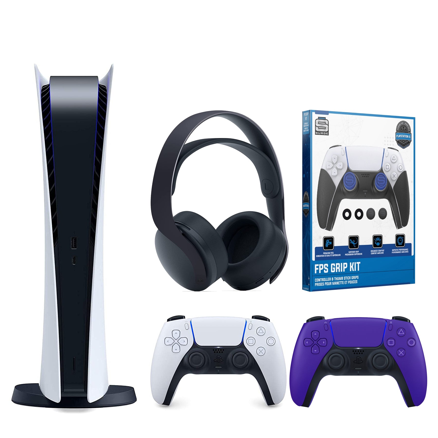 Sony Playstation 5 Digital Version (Sony PS5 Digital) with Extra Galactic Purple Controller, Black Pulse 3D Headset and Control Grip Pack Bundle - Pro-Distributing
