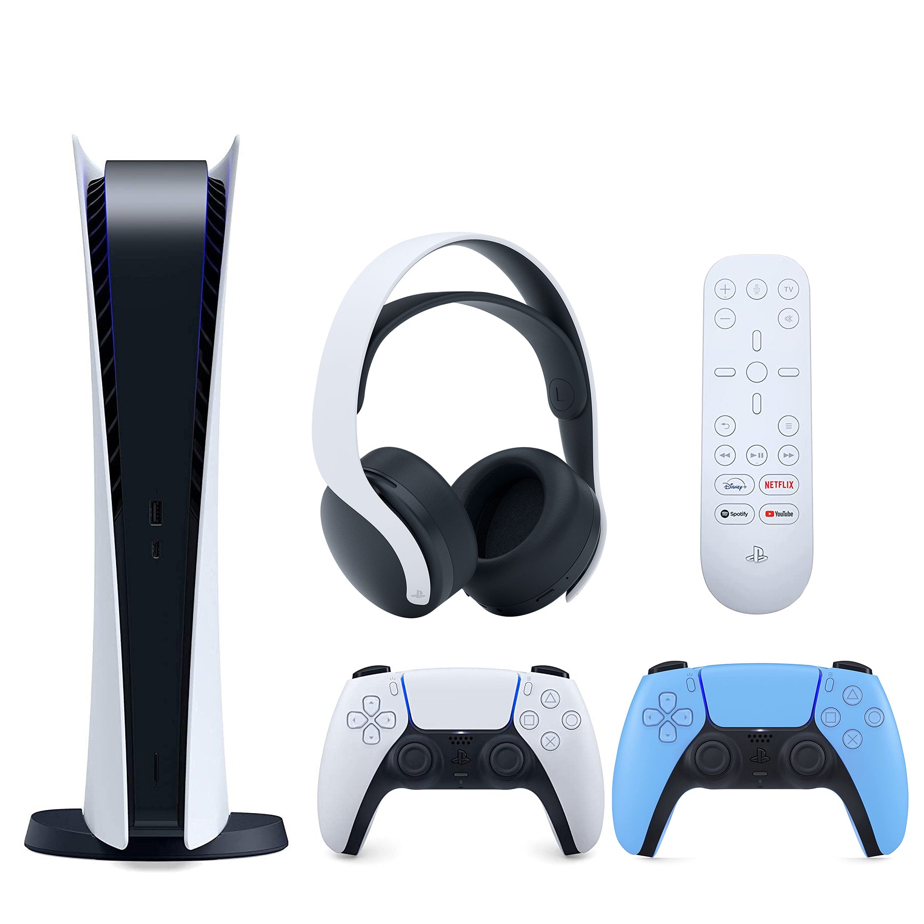 Sony Playstation 5 Digital Version (PS5 Digital) with Extra Starlight Blue Controller, White PULSE 3D Headset and Media Remote Bundle - Pro-Distributing