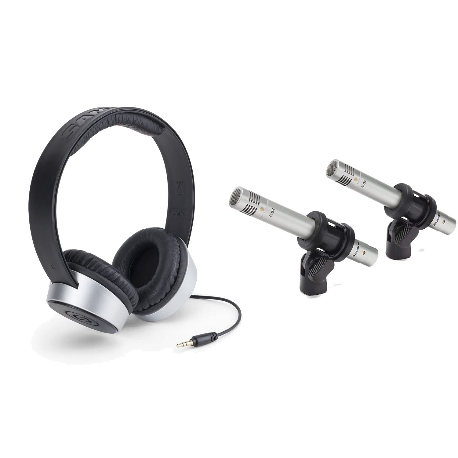 Samson C02 2 Pack Pencil Microphones and SR450 Closed Back Headphones Bundle - Pro-Distributing