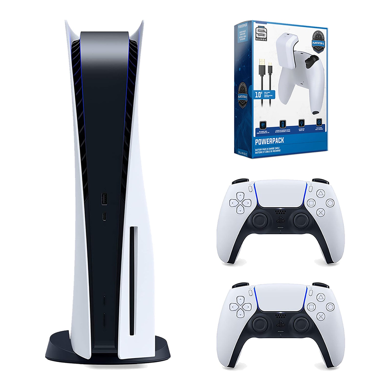 Sony Playstation 5 Disc Version Console with Extra White Controller and Surge PowerPack Battery Pack & Charge Cable Bundle - Pro-Distributing