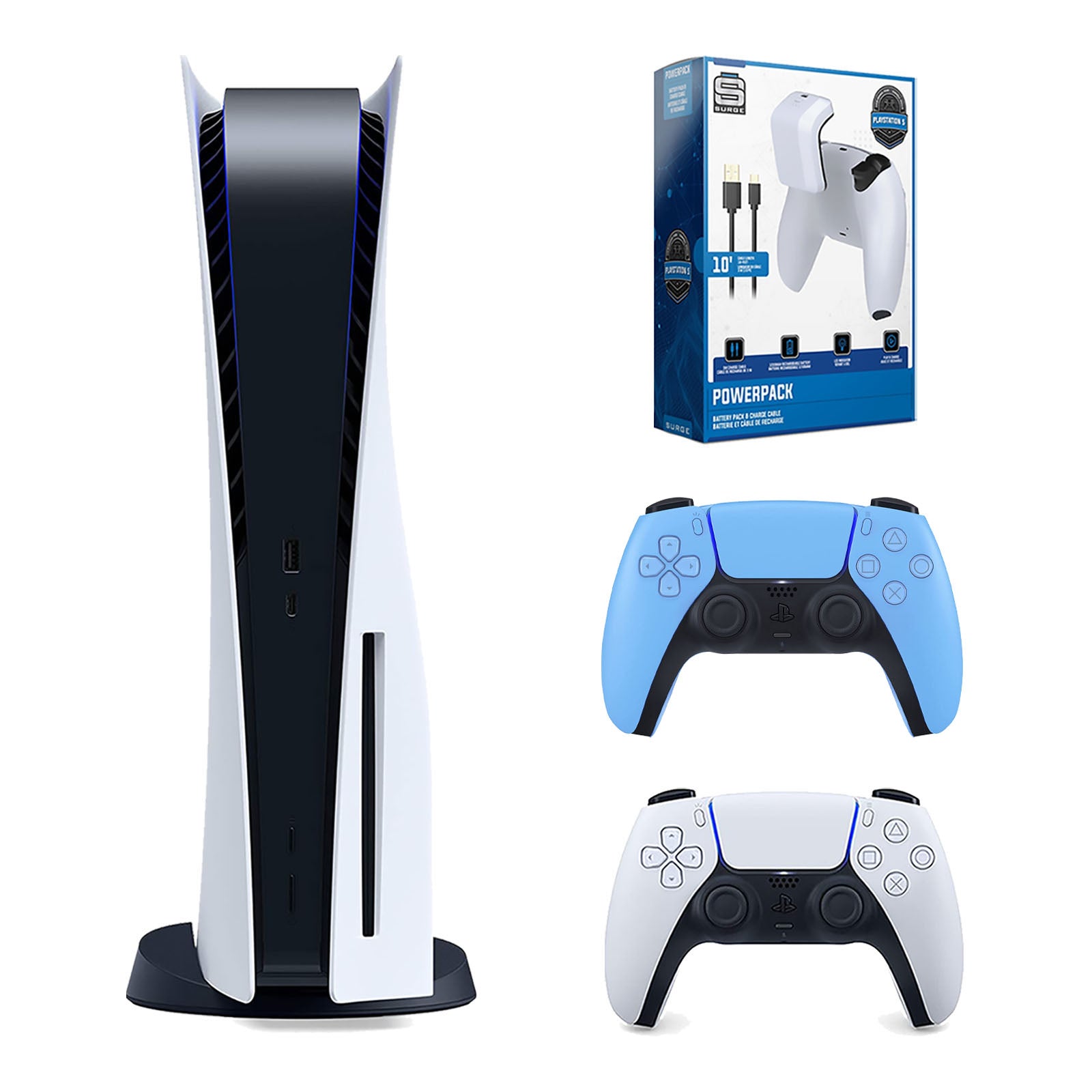 Sony Playstation 5 Disc Version Console with Extra Blue Controller and Surge PowerPack Battery Pack & Charge Cable Bundle - Pro-Distributing