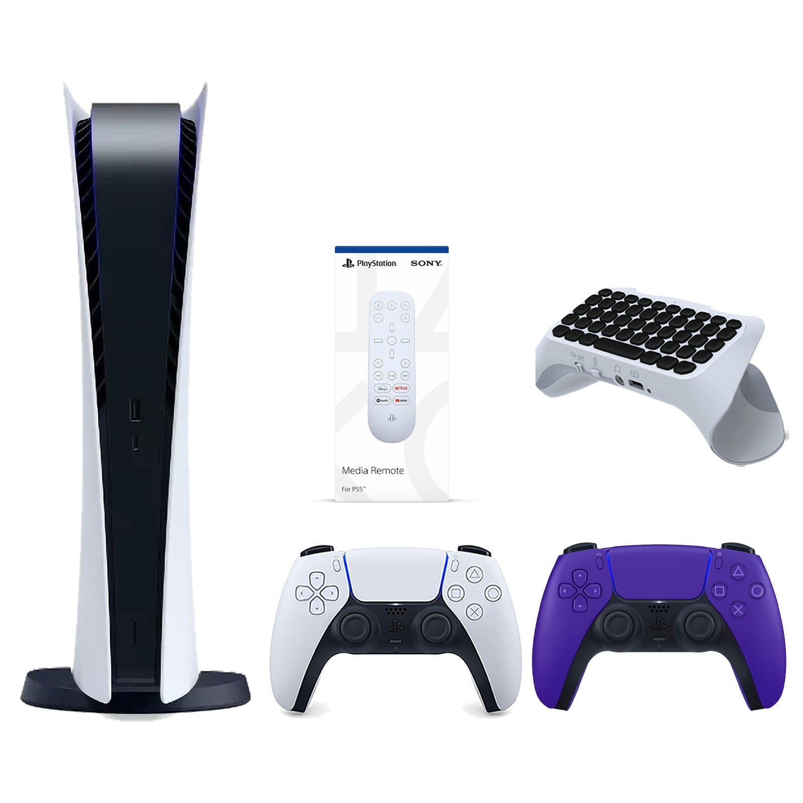 Sony Playstation 5 Digital Edition Console with Extra Purple Controller, Media Remote and Surge QuickType 2.0 Wireless PS5 Controller Keypad Bundle - Pro-Distributing
