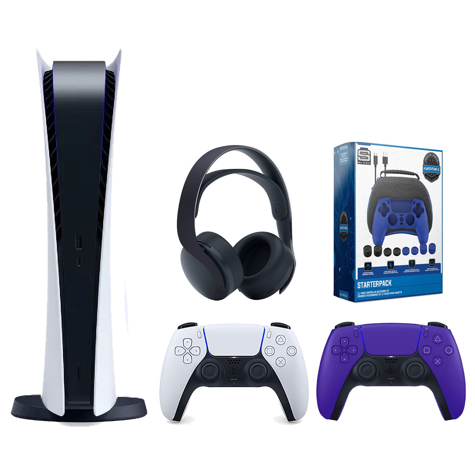 Sony Playstation 5 Digital Edition Console with Extra Purple Controller, Black PULSE 3D Headset and Surge Pro Gamer Starter Pack 11-Piece Accessory Bundle - Pro-Distributing