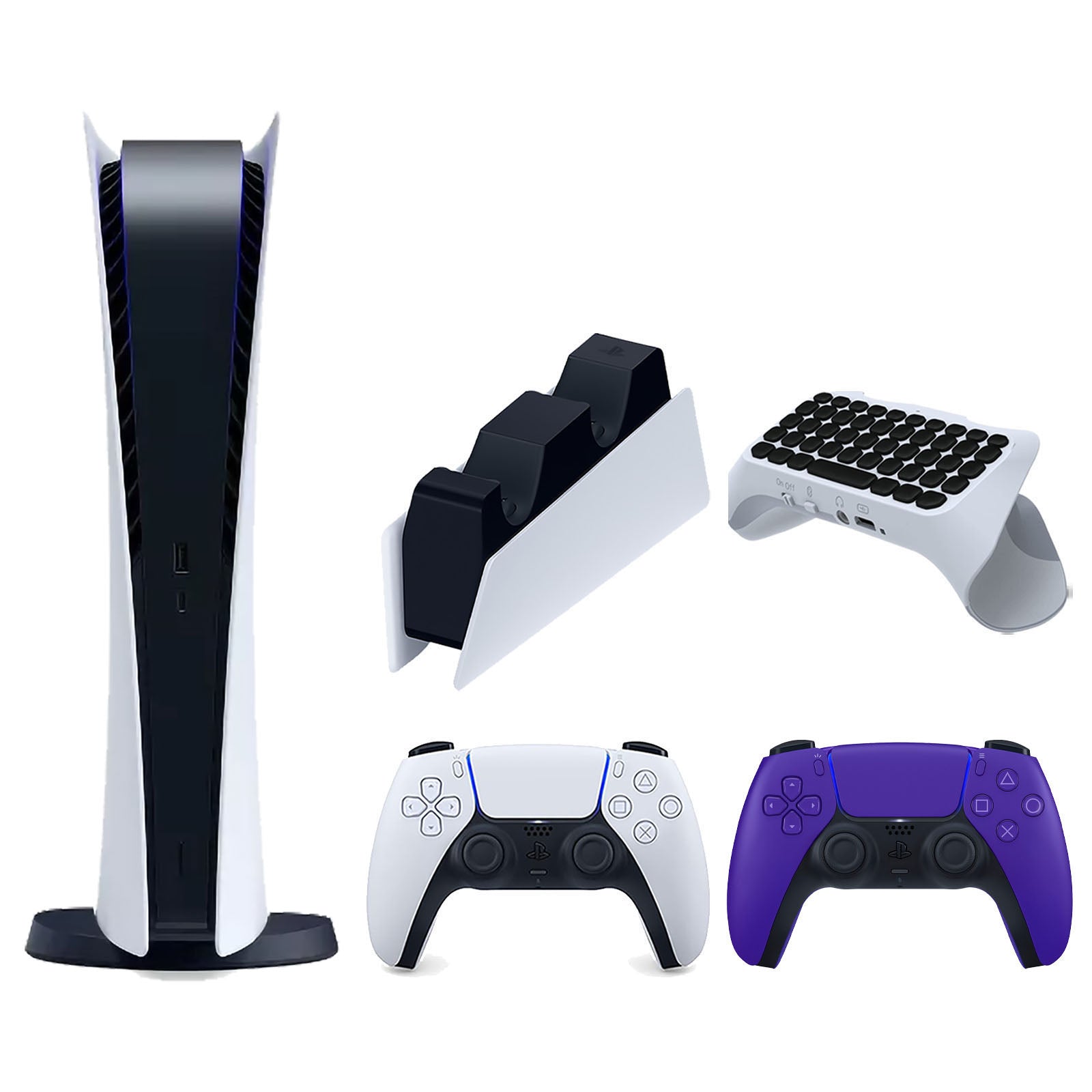 Sony Playstation 5 Digital Edition Console with Extra Purple Controller, DualSense Charging Station and Surge QuickType 2.0 Wireless PS5 Controller Keypad Bundle - Pro-Distributing