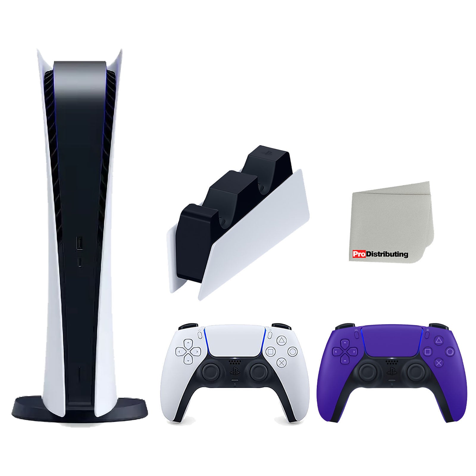 Sony Playstation 5 Digital Edition Console with Extra Purple Controller and DualSense Charging Station Bundle with Cleaning Cloth - Pro-Distributing