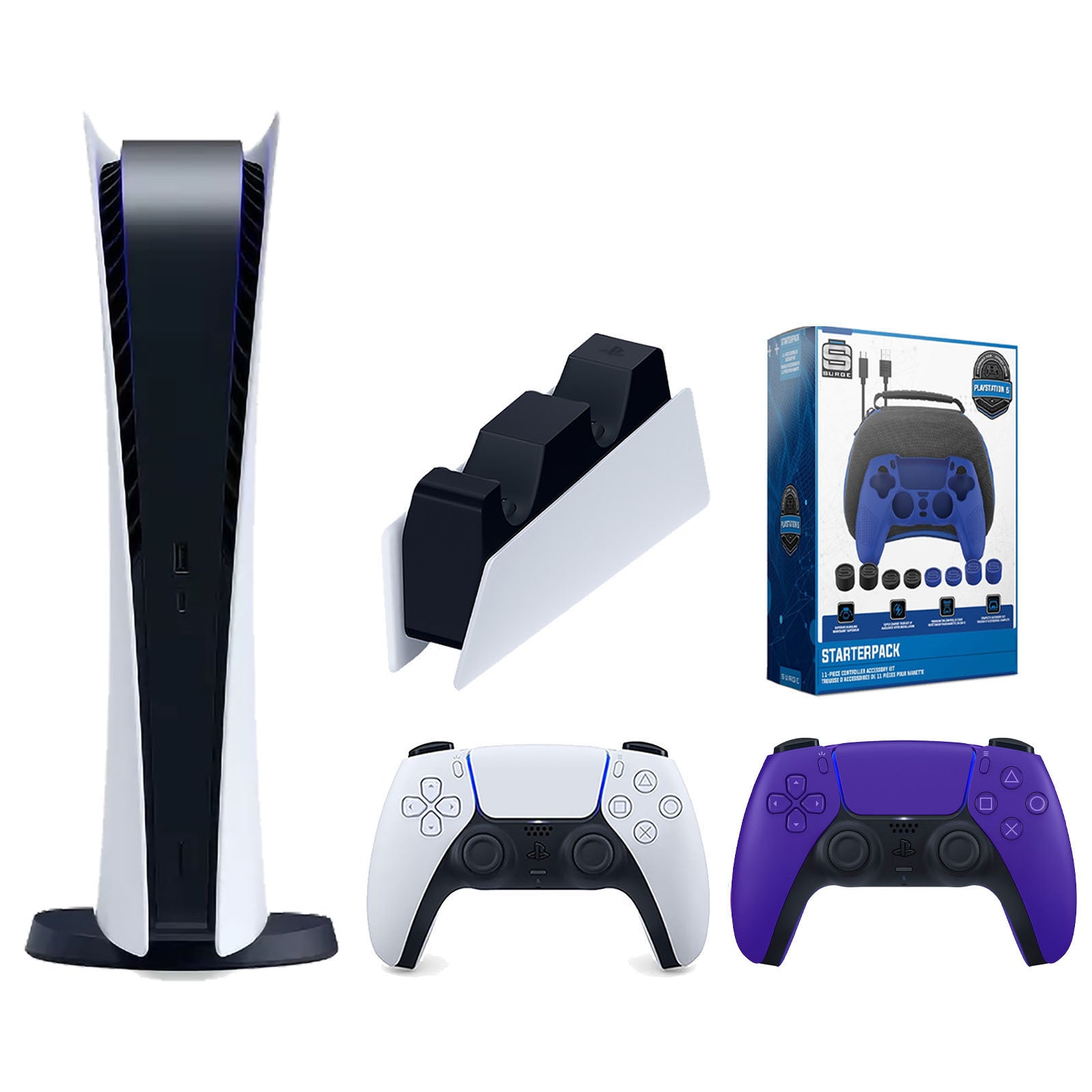 Sony Playstation 5 Digital Edition Console with Extra Purple Controller, DualSense Charging Station and Surge Pro Gamer Starter Pack 11-Piece Accessory Bundle - Pro-Distributing