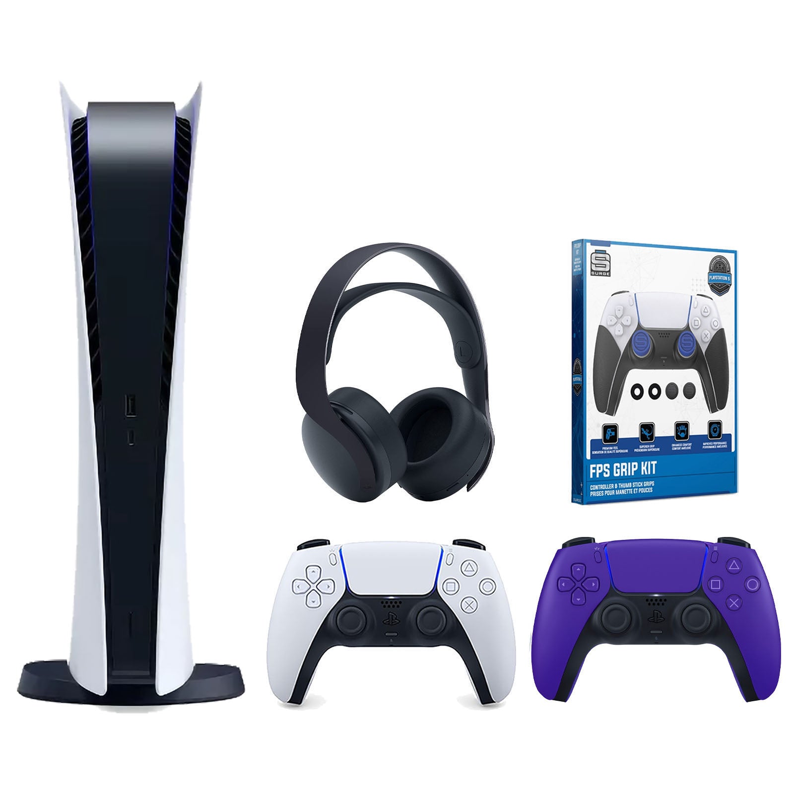 Sony Playstation 5 Digital Edition Console with Extra Purple Controller, Black PULSE 3D Headset and Surge FPS Grip Kit With Precision Aiming Rings Bundle - Pro-Distributing