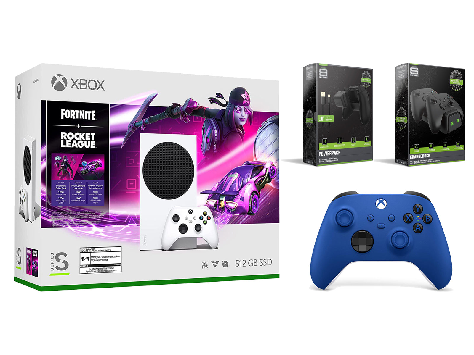 Microsoft Xbox Series S Console Fortnite Rocket League with Extra Shock Blue Controller, Charge Cable/Battery and Dual Charge Dock - Pro-Distributing