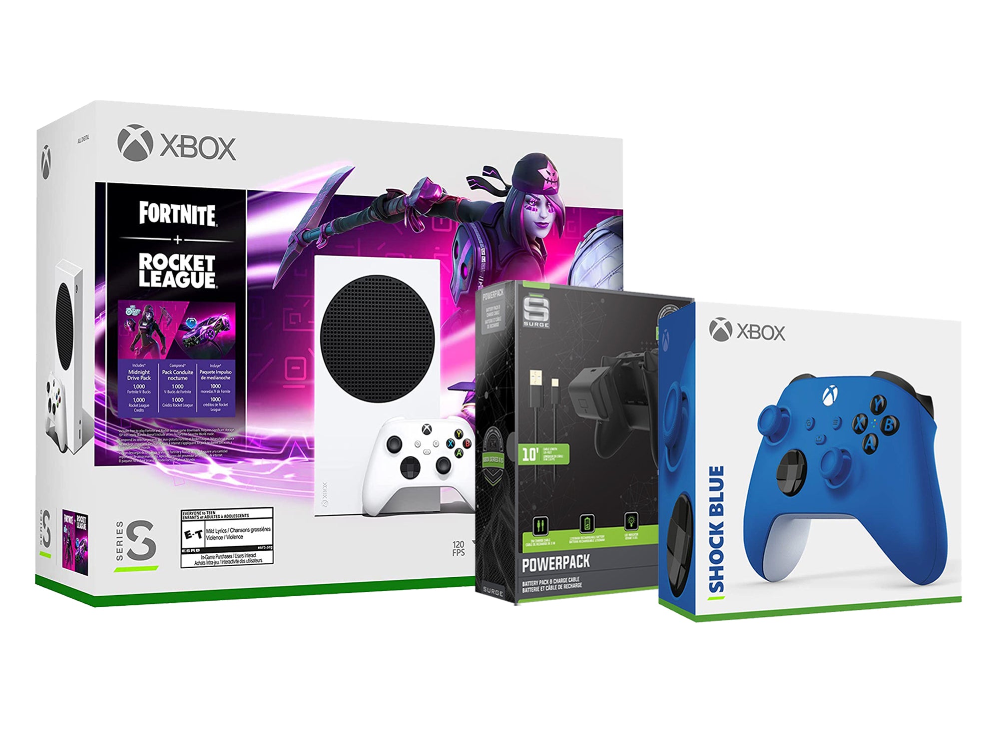 Microsoft Xbox Series S Console Fortnite Rocket League with Extra Shock Blue Controller, Charge Cable and Battery - Pro-Distributing
