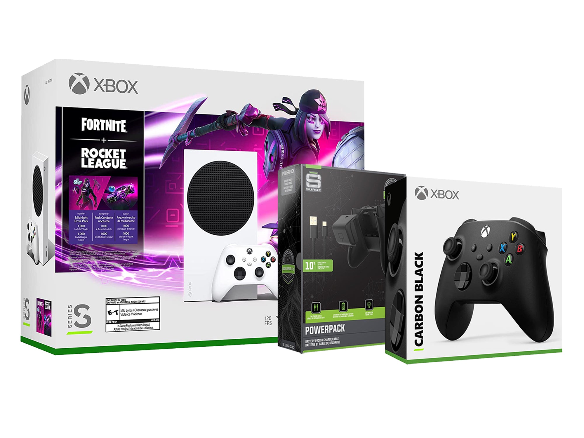 Microsoft Xbox Series S Console Fortnite Rocket League with Extra Carbon Black Controller, Charge Cable and Battery - Pro-Distributing