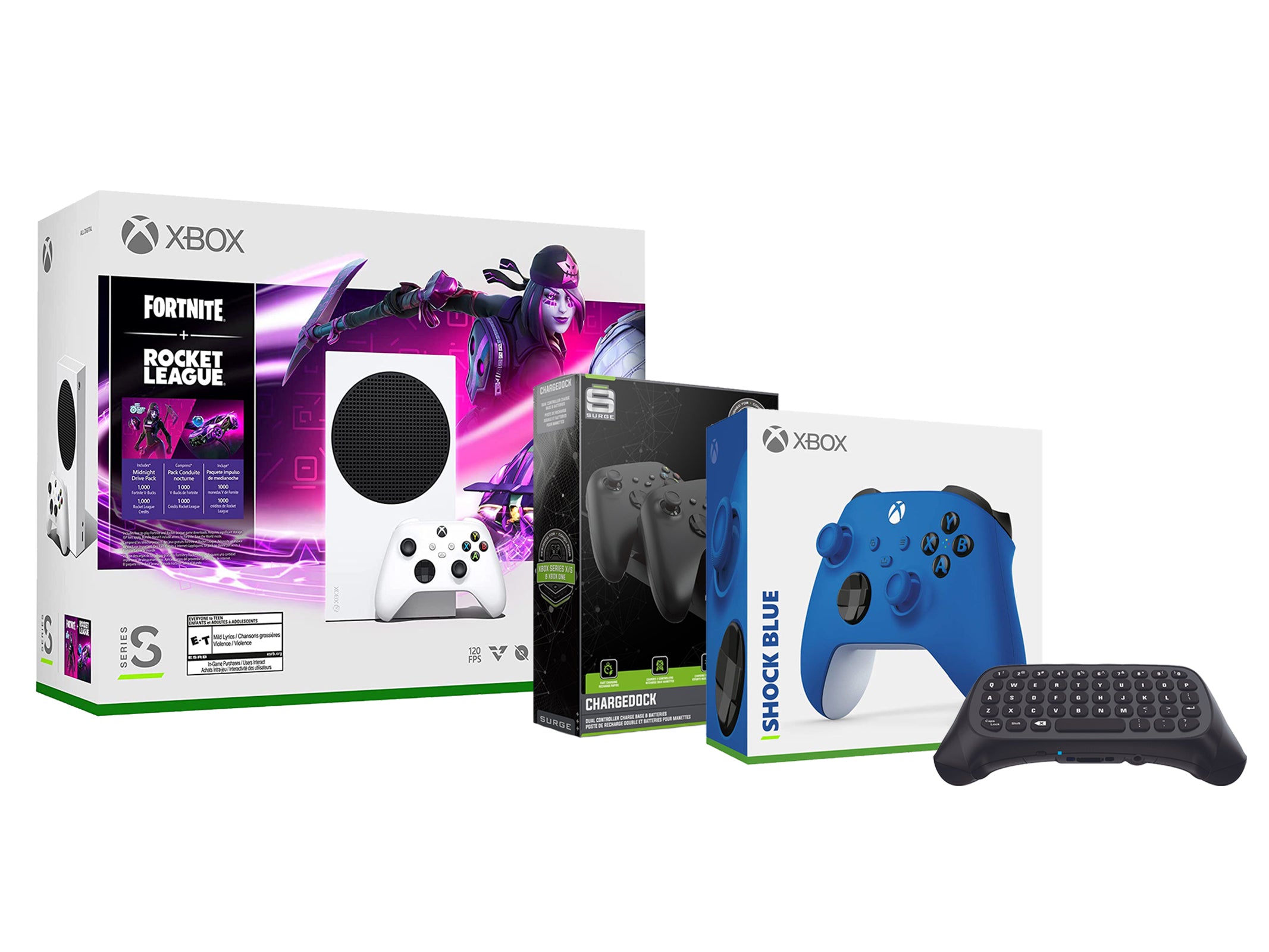 Microsoft Xbox Series S Console Fortnite Rocket League with Extra Shock Blue Controller, Dual Charge Dock and Wireless Controller Keypad - Pro-Distributing