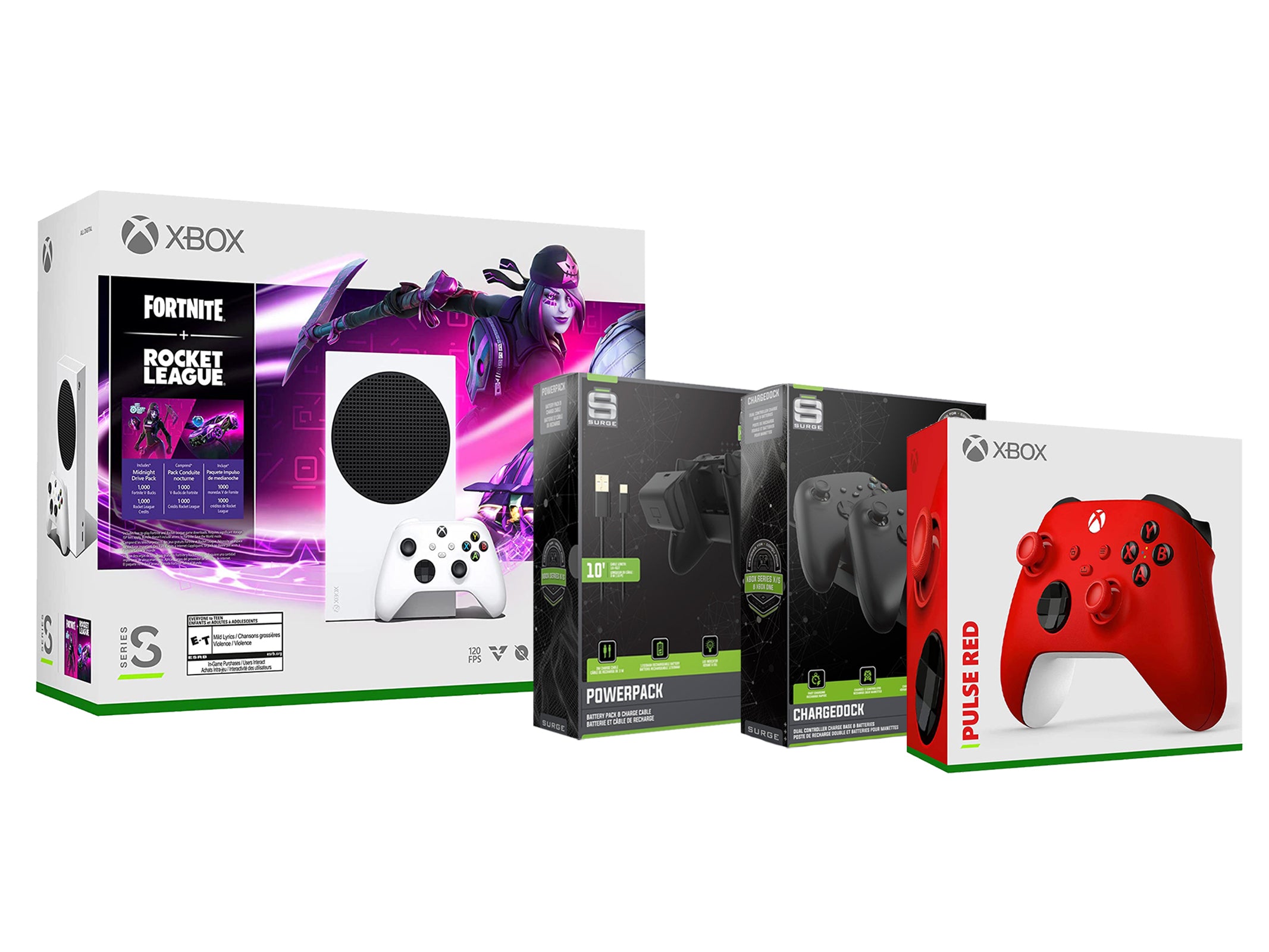 Microsoft Xbox Series S Console Fortnite Rocket League with Extra Pulse Red Controller, Charge Cable/Battery and Dual Charge Dock - Pro-Distributing