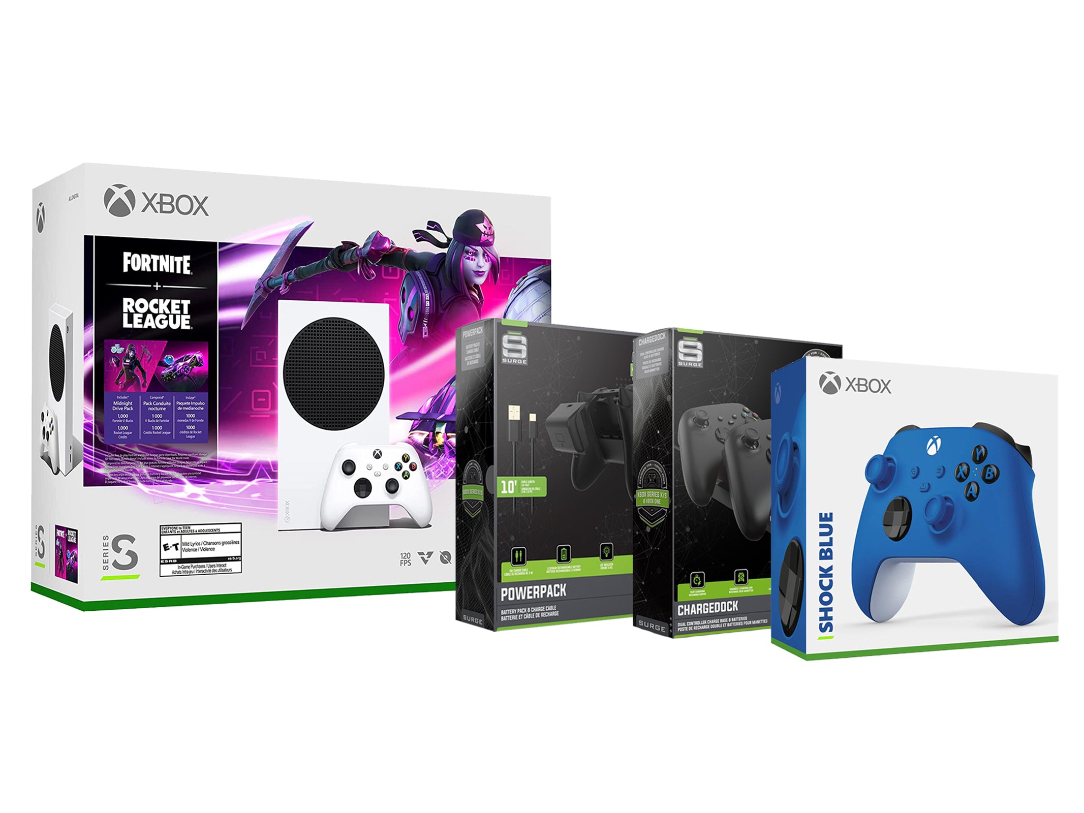 Microsoft Xbox Series S Console Fortnite Rocket League with Extra Shock Blue Controller, Charge Cable/Battery and Dual Charge Dock - Pro-Distributing