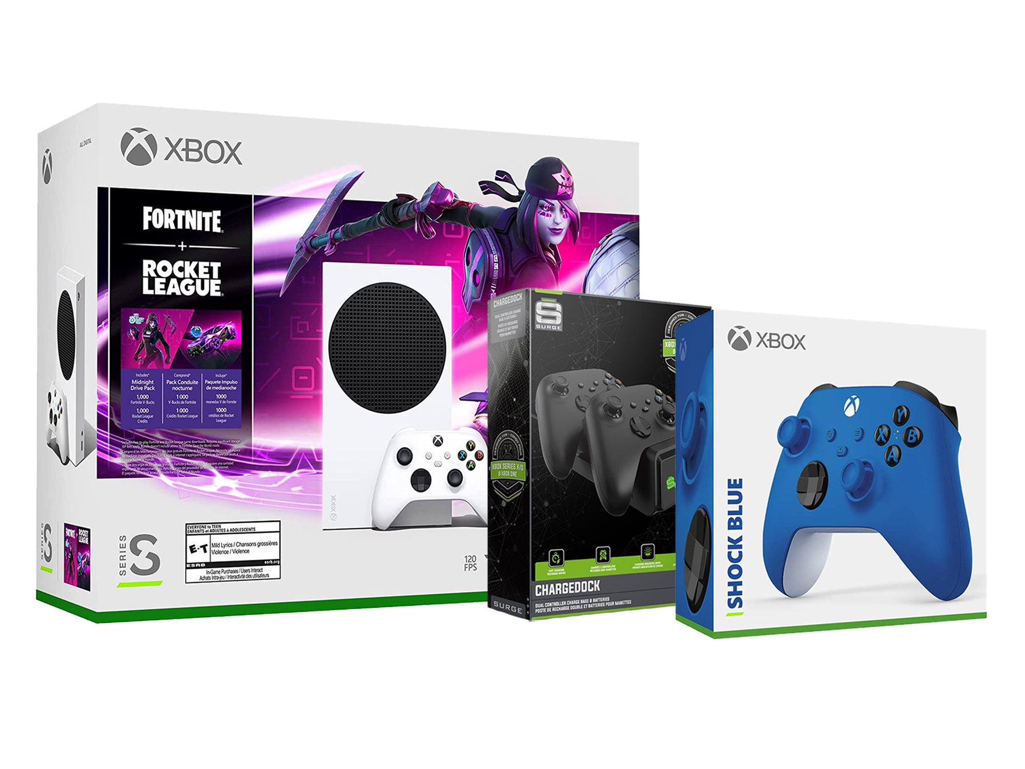Microsoft Xbox Series S Console Fortnite Rocket League with Extra Shock Blue Controller and Dual Charge Dock - Pro-Distributing