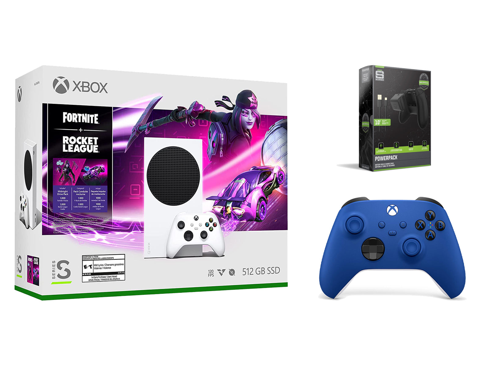 Microsoft Xbox Series S Console Fortnite Rocket League with Extra Shock Blue Controller, Charge Cable and Battery - Pro-Distributing
