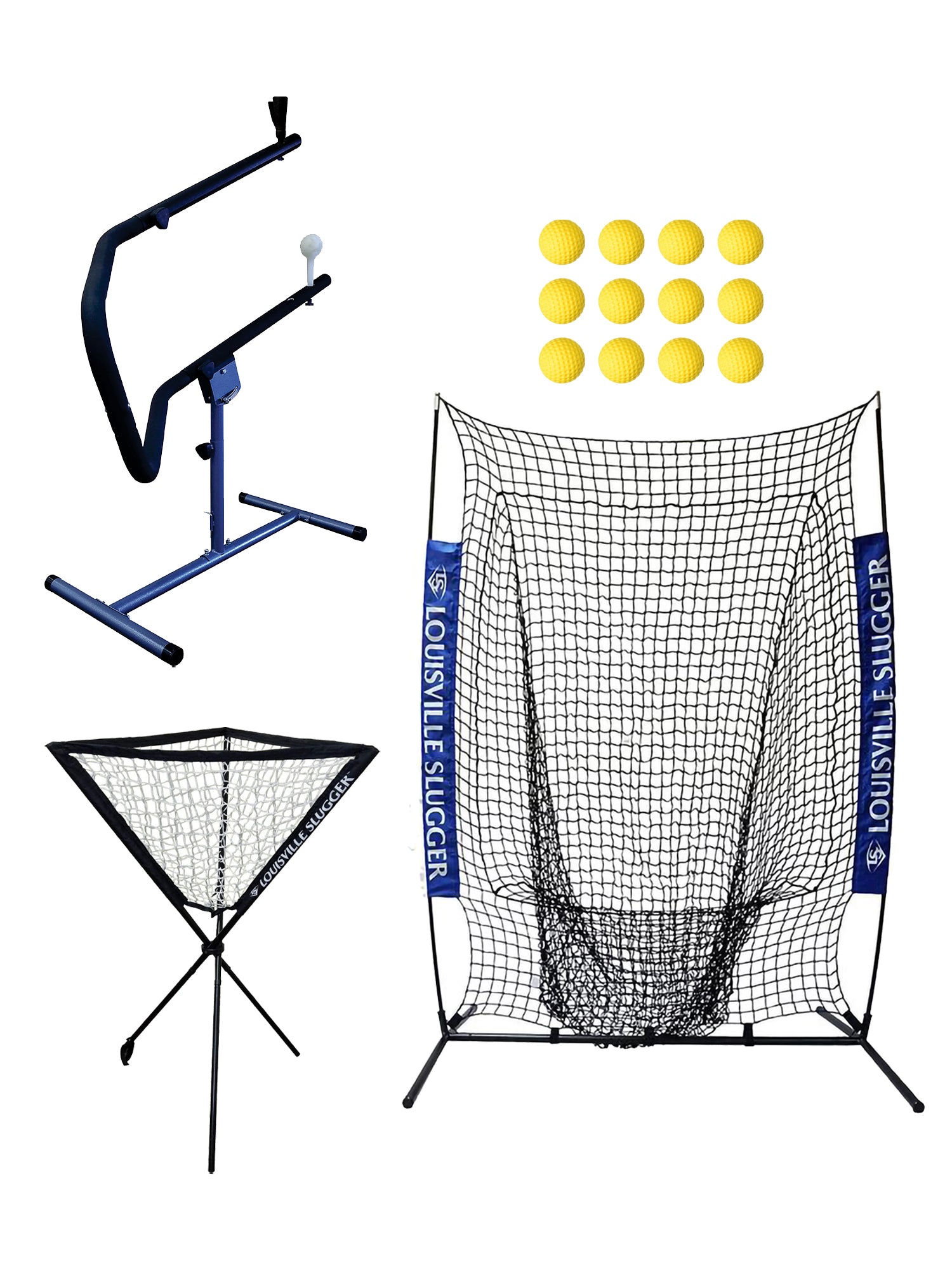 Louisville Slugger Ultra Instructo Swing Batting Tee, Flex Sock Net, Ball Caddy and Heater Sports 12-Pack Weighted Pitching Machine Baseballs Bundle - Pro-Distributing