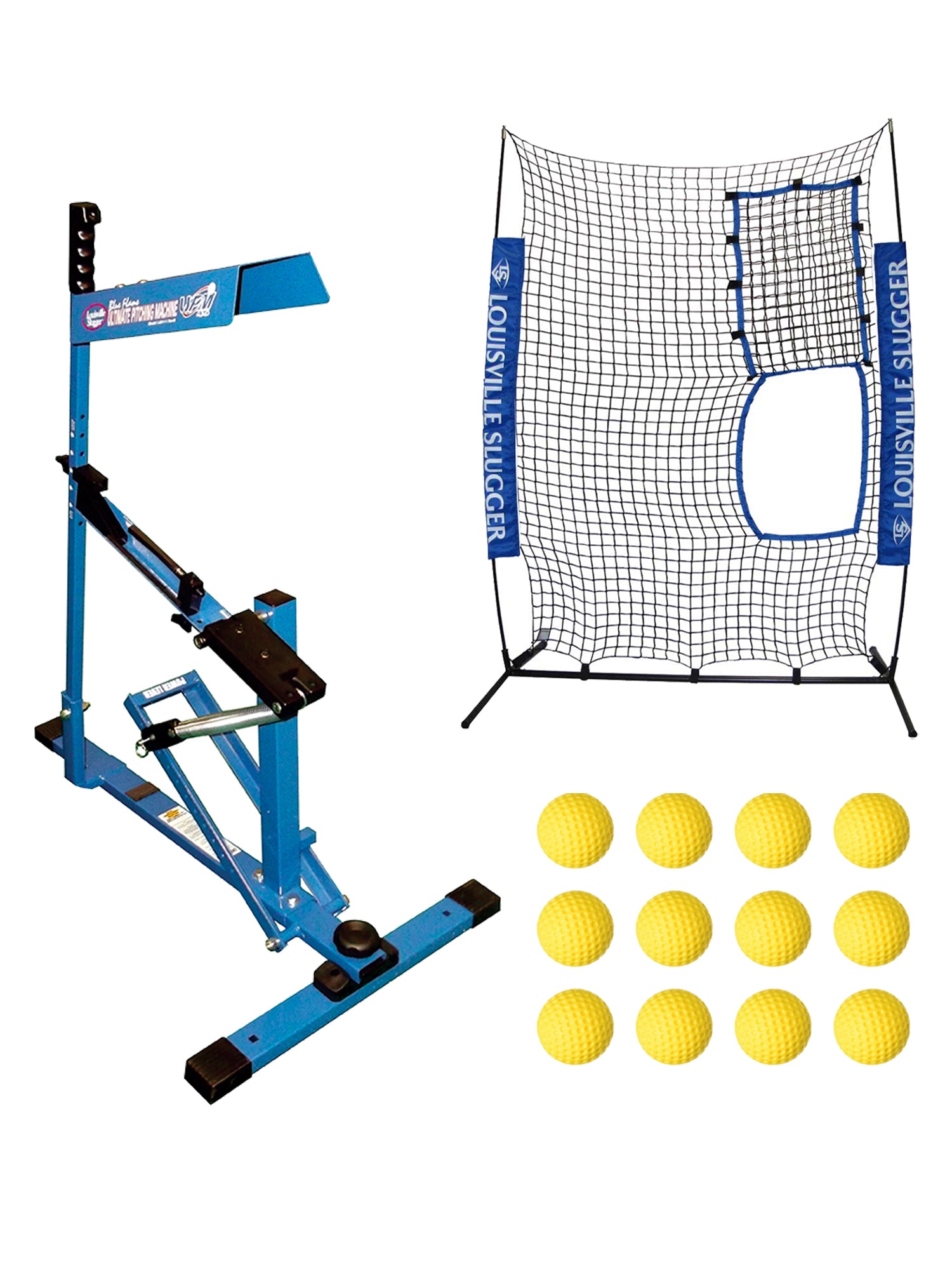 Louisville Slugger UPM 45 Blue Flame Pitching Machine, Flex Protective Screen and Heater Sports 12-Pack Weighted Pitching Machine Baseballs Bundle - Pro-Distributing