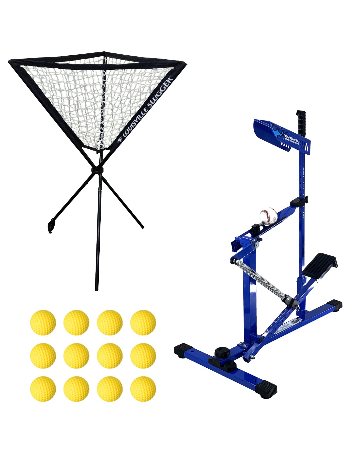 Louisville Slugger UPM 55 Blue Flame Pro Pitching Machine, Ball Caddy and Heater Sports 12-Pack Weighted Pitching Machine Baseballs Bundle - Pro-Distributing