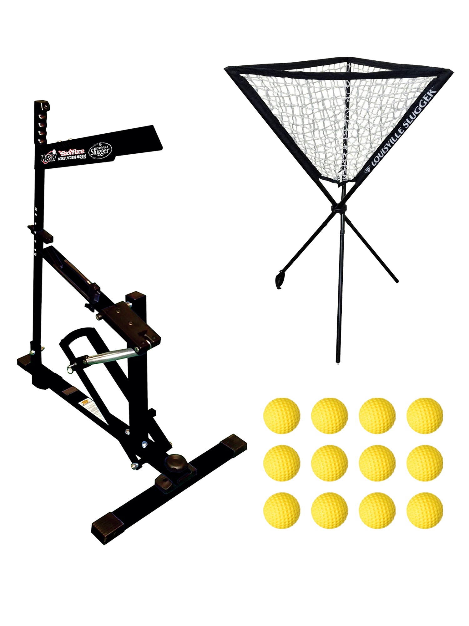Louisville Slugger UPM 50 Black Flame Pitching Machine, Ball Caddy and Heater Sports 12-Pack Weighted Pitching Machine Baseballs Bundle - Pro-Distributing