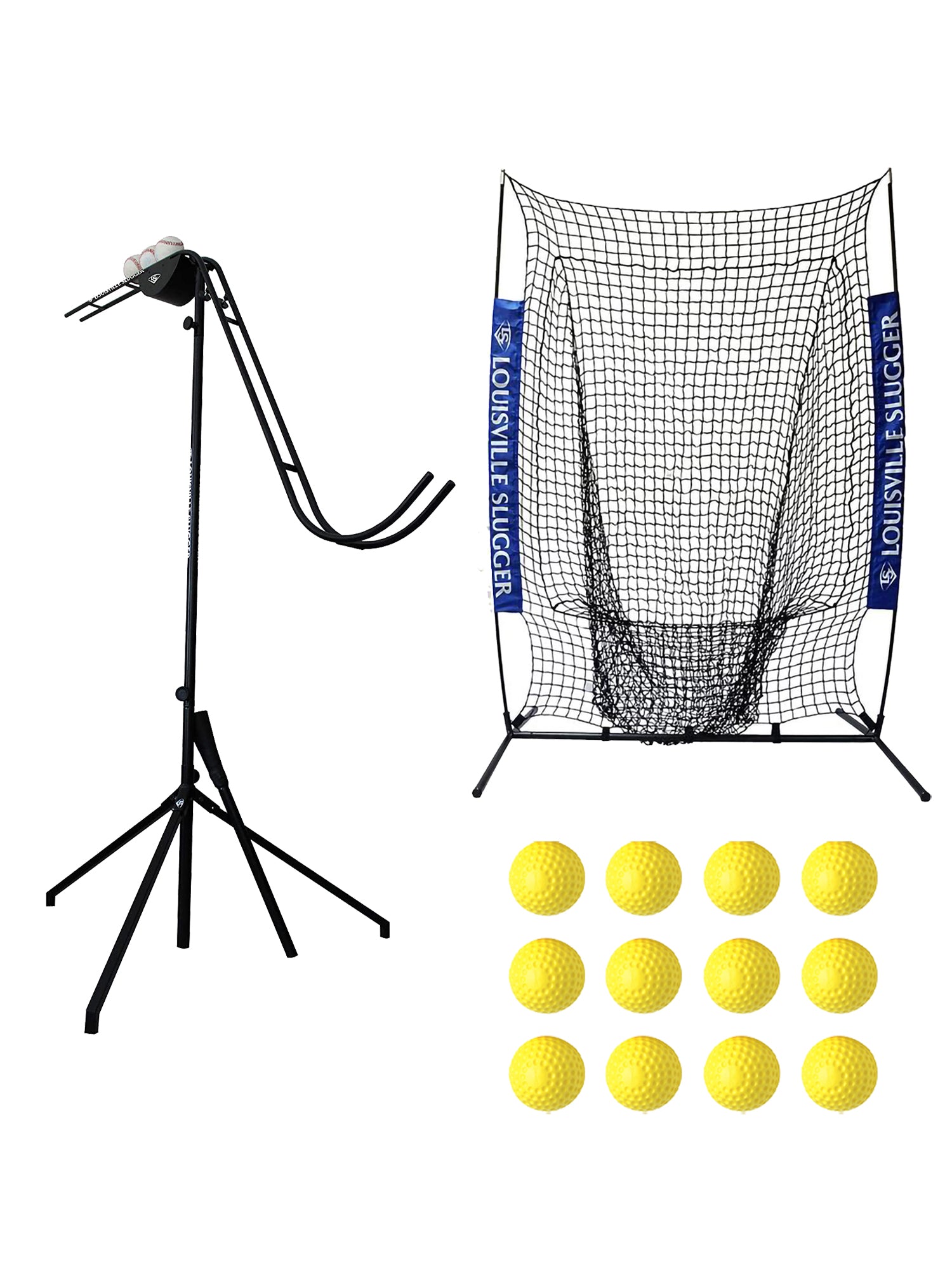 Louisville Slugger Soft Toss Training System, Flex Sock Net and Heater Sports 12-Pack 12 Inch Dimpled Pitching Machine Softballs Bundle - Pro-Distributing
