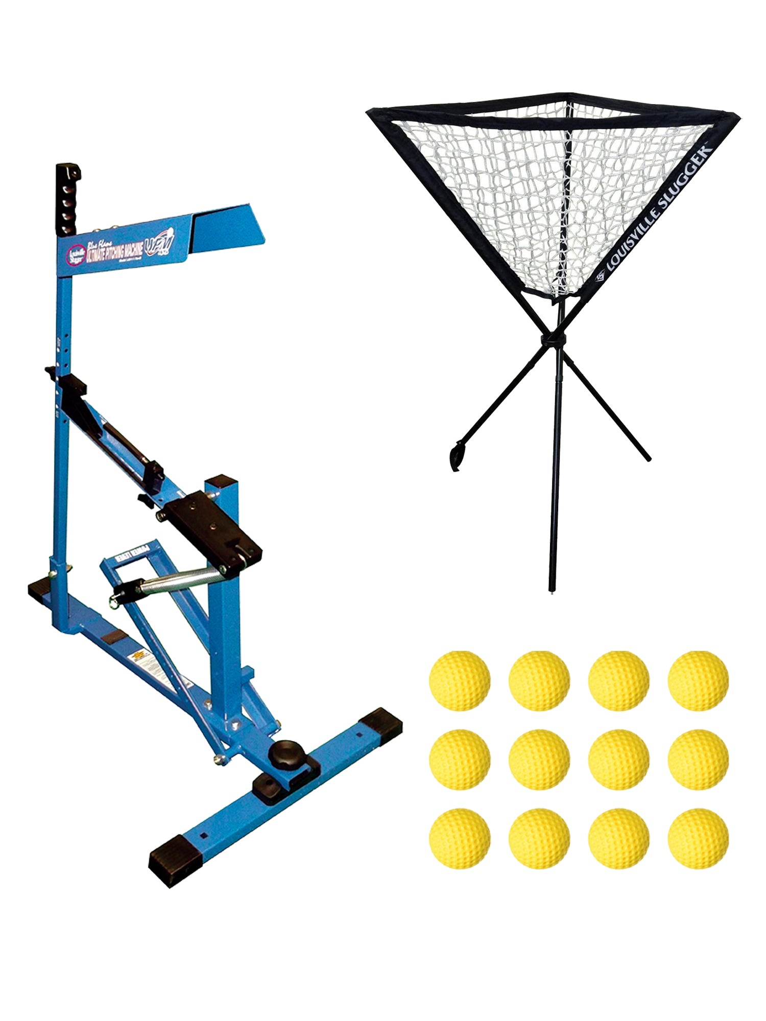 Louisville Slugger UPM 45 Blue Flame Pitching Machine, Ball Caddy and Heater Sports 12-Pack Weighted Pitching Machine Baseballs Bundle - Pro-Distributing