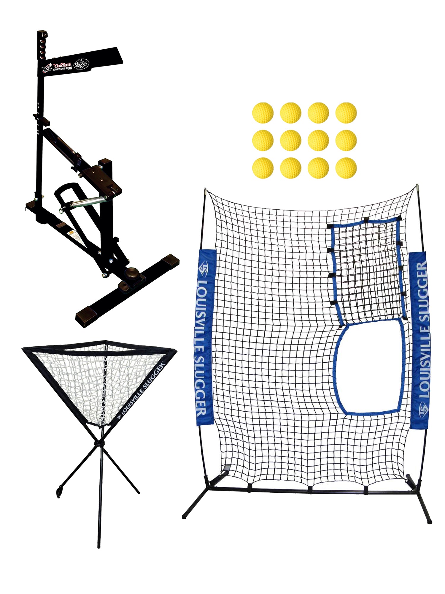 Louisville Slugger UPM 50 Black Flame Pitching Machine, Flex Protective Screen, Ball Caddy and Heater Sports 12-Pack Weighted Pitching Machine Baseballs Bundle - Pro-Distributing