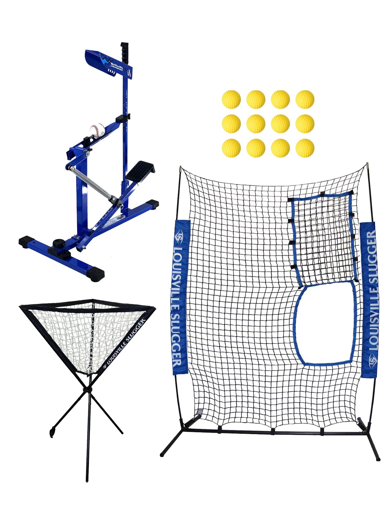 Louisville Slugger UPM 55 Blue Flame Pro Pitching Machine, Flex Protective Screen, Ball Caddy and Heater Sports 12-Pack Weighted Pitching Machine Baseballs Bundle - Pro-Distributing