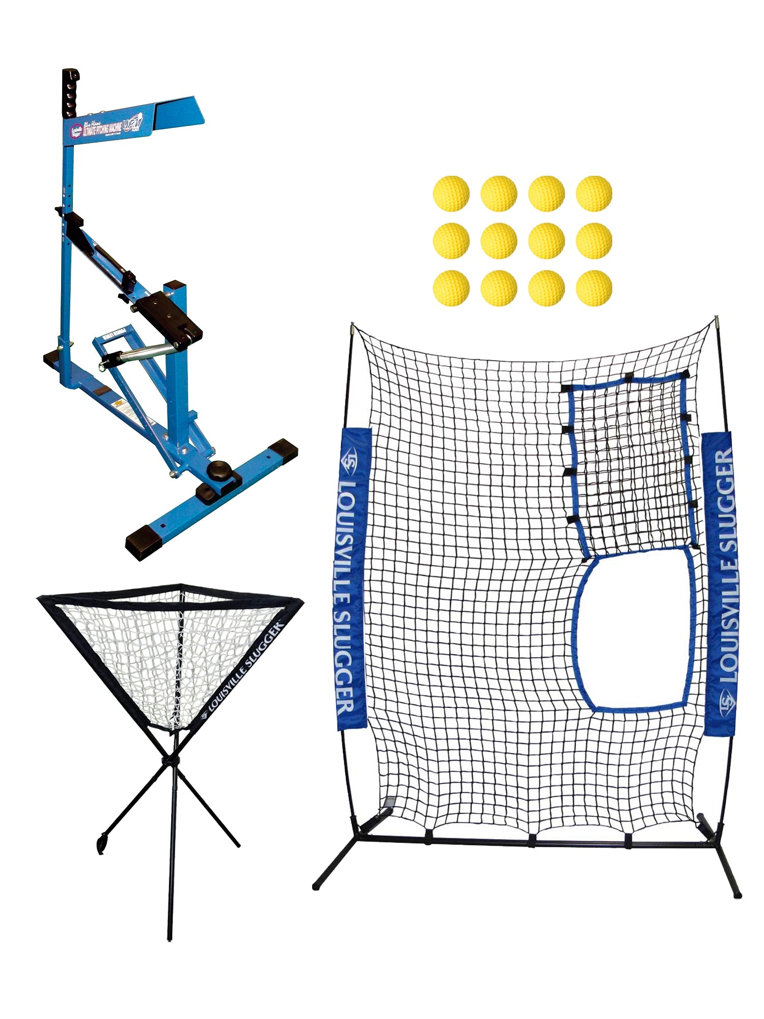 Louisville Slugger UPM 45 Blue Flame Pitching Machine, Flex Protective Screen, Ball Caddy and Heater Sports 12-Pack Weighted Pitching Machine Baseballs Bundle - Pro-Distributing