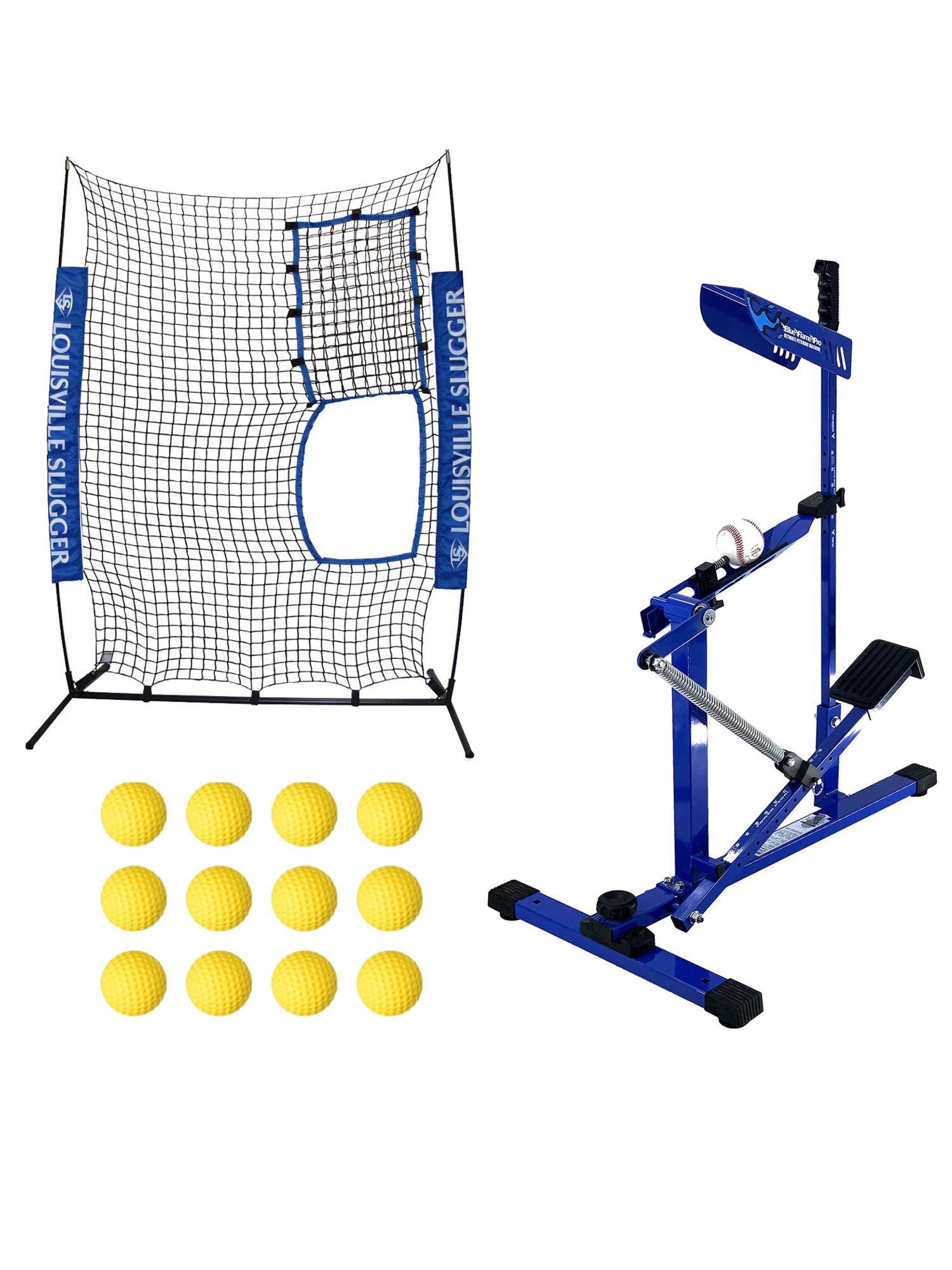 Louisville Slugger UPM 55 Blue Flame Pro Pitching Machine, Flex Protective Screen and Heater Sports 12-Pack Weighted Pitching Machine Baseballs Bundle - Pro-Distributing