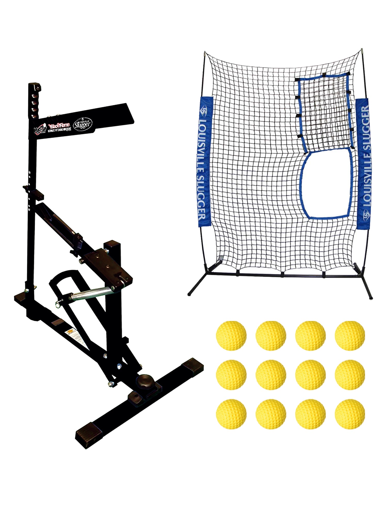 Louisville Slugger UPM 50 Black Flame Pitching Machine, Flex Protective Screen and Heater Sports 12-Pack Weighted Pitching Machine Baseballs Bundle - Pro-Distributing