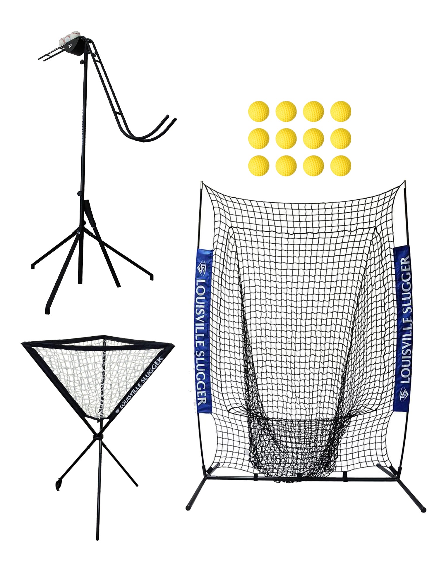 Louisville Slugger Soft Toss Training System, Flex Sock Net, Ball Caddy and Heater Sports 12-Pack Weighted Pitching Machine Baseballs Bundle - Pro-Distributing