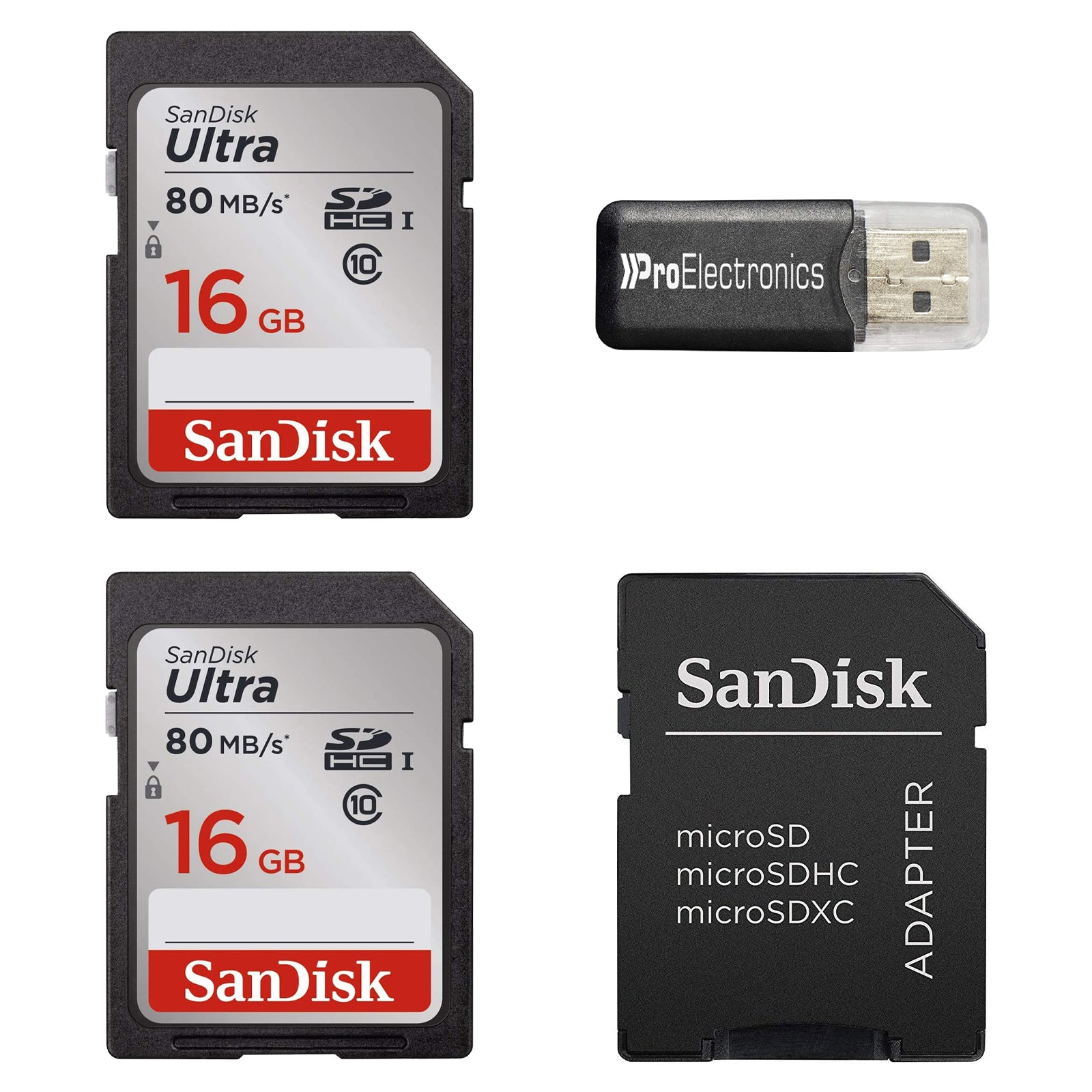 2-Pack SanDisk Ultra 16GB Class 10 SDHC UHS-I Memory Card with SanDisk Micro SD to SD Adapter and microSD Reader - Pro-Distributing