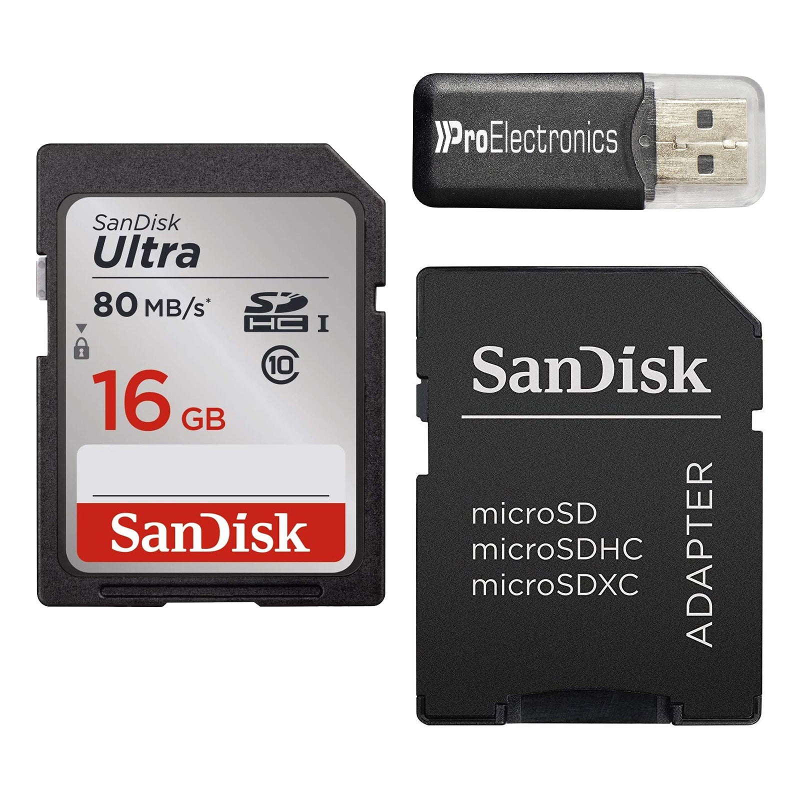 SanDisk Ultra 16GB Class 10 SDHC UHS-I Memory Card with SanDisk Micro SD to SD Adapter and microSD Reader - Pro-Distributing