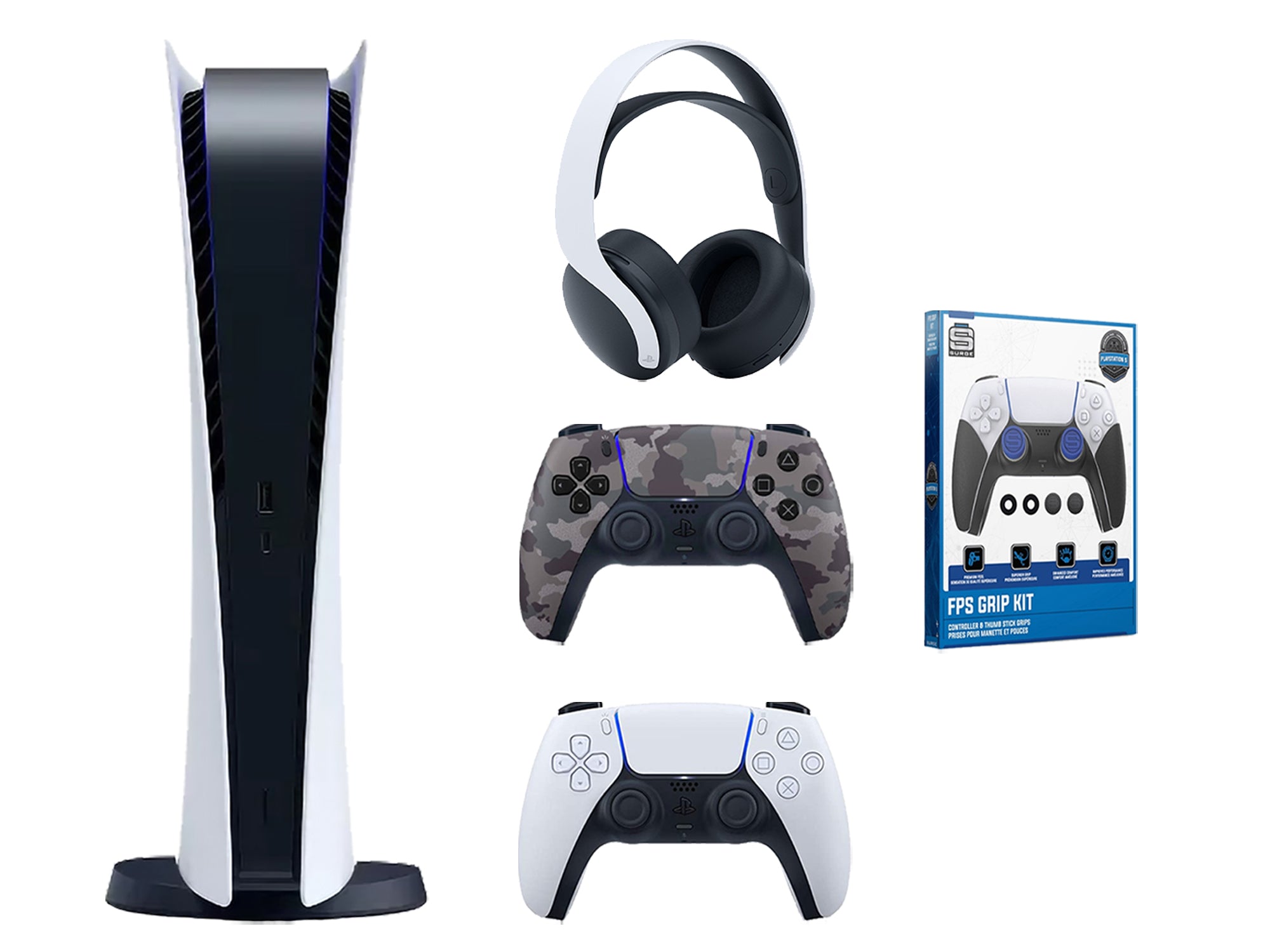 Sony Playstation 5 Digital Edition Bundle with Extra Gray Camo Controller, White PULSE 3D Wireless Headset and FPS Grip Kit - Pro-Distributing