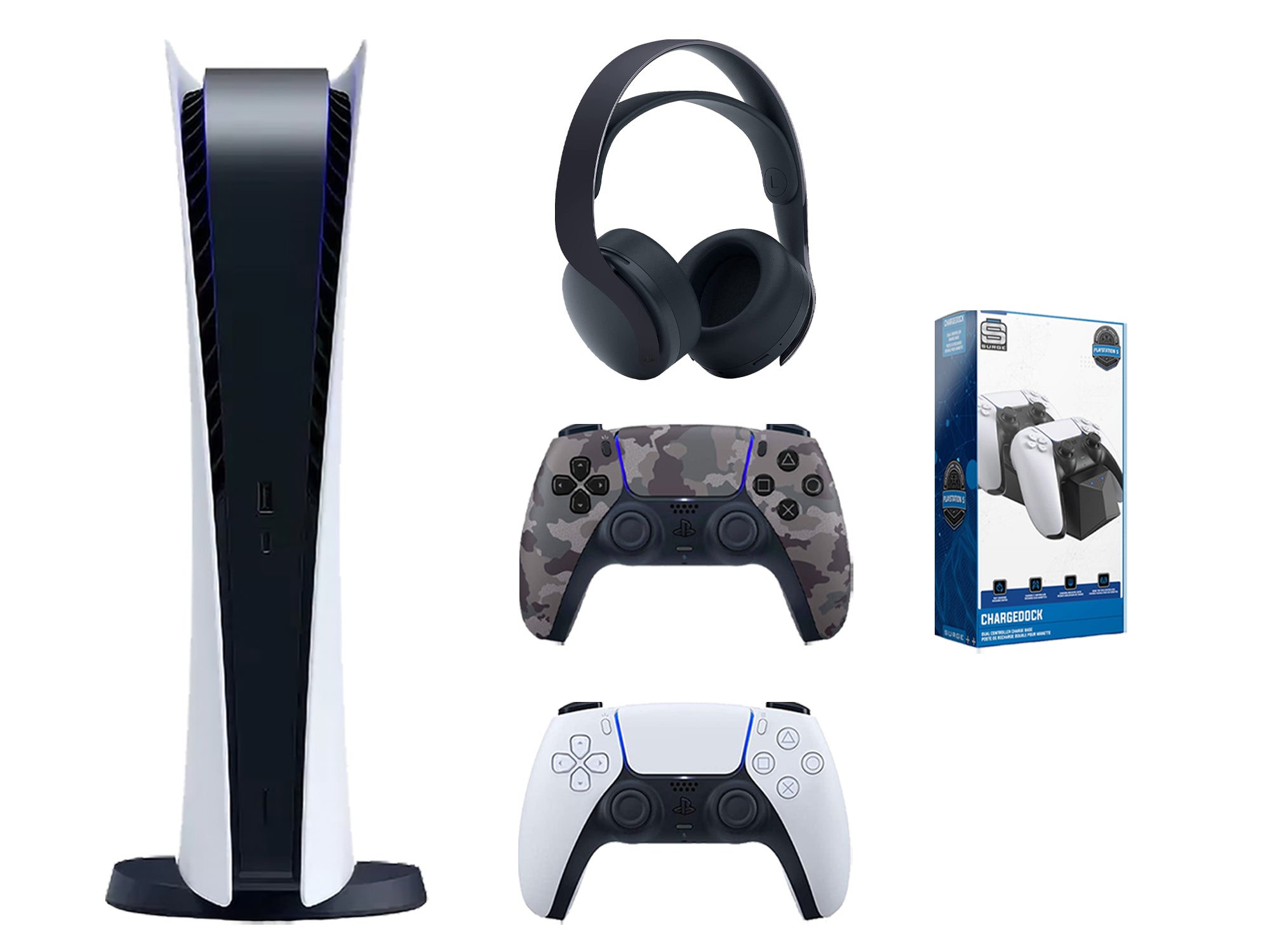 Sony Playstation 5 Digital Edition Bundle with Extra Gray Camo Controller, Black PULSE 3D Wireless Headset and Dual Charging Dock - Pro-Distributing