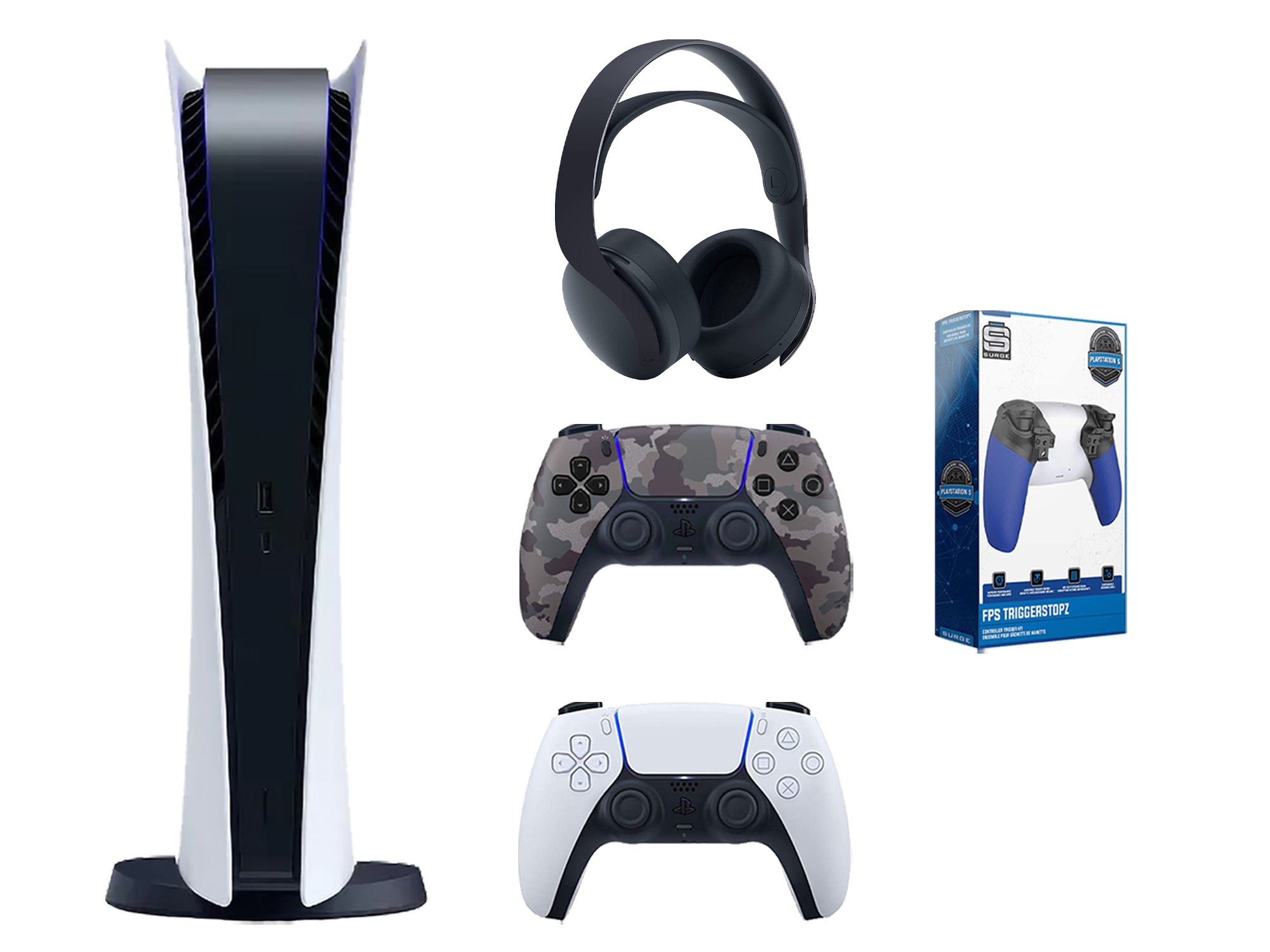 Sony Playstation 5 Digital Edition Bundle with Extra Gray Camo Controller, Black PULSE 3D Wireless Headset and Trigger Kit - Pro-Distributing